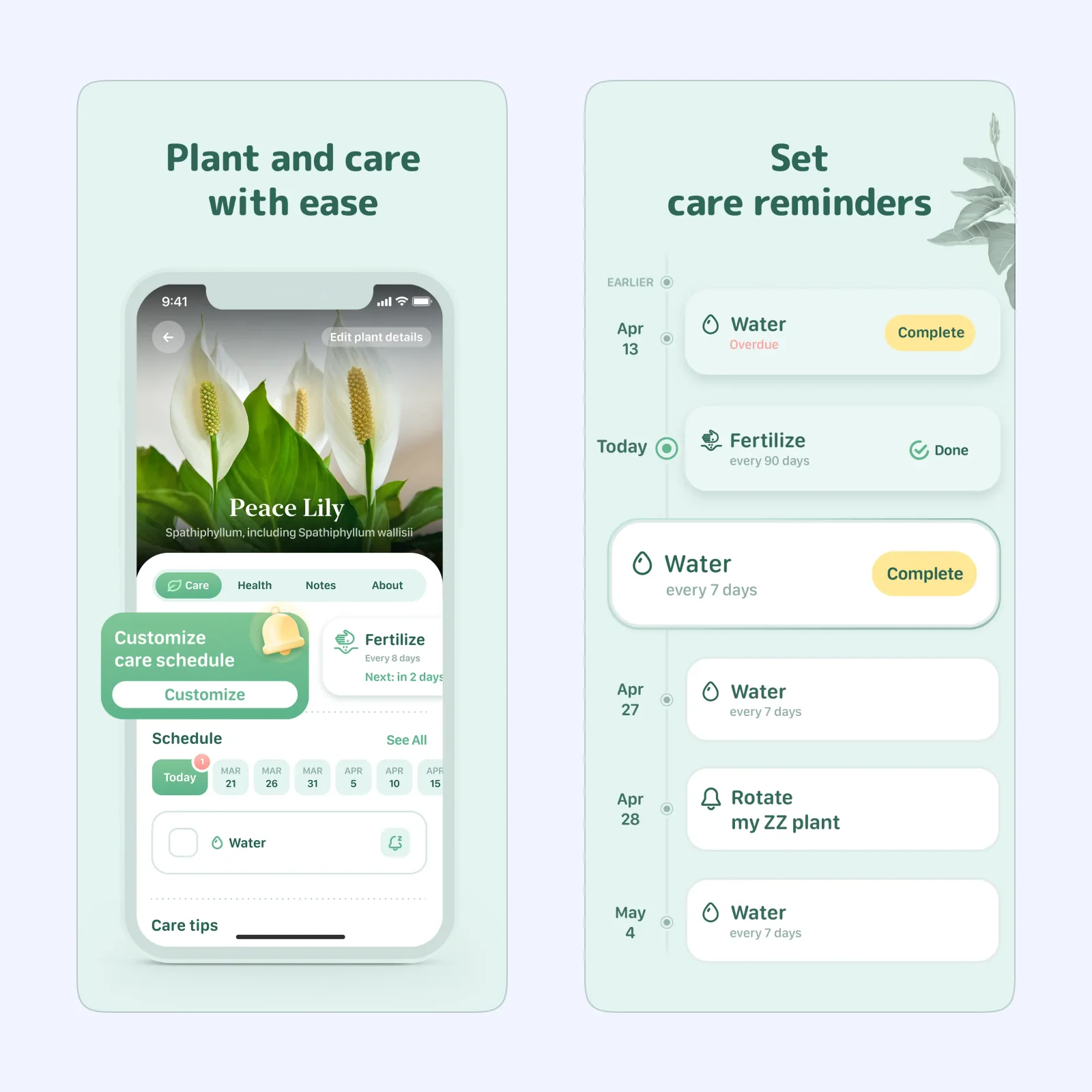 Blossom App Store screens show a plant care page and a timeline of watering and fertilizer reminders.