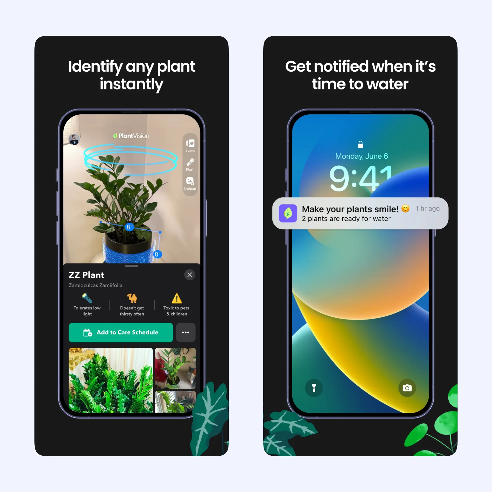 Greg App Store screens show plant identification and a watering notification on iPhone.
