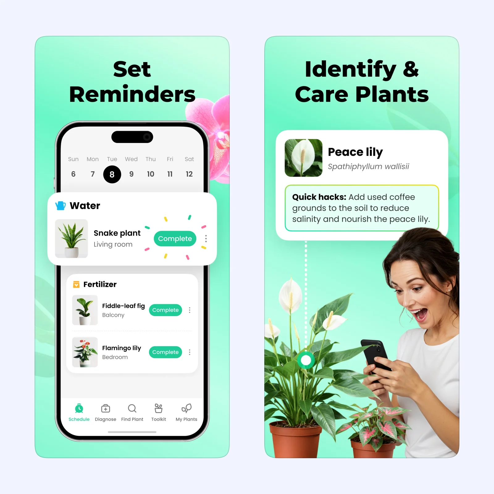 Plant Parent App Store screens show watering and fertilizer reminders and a plant care page.