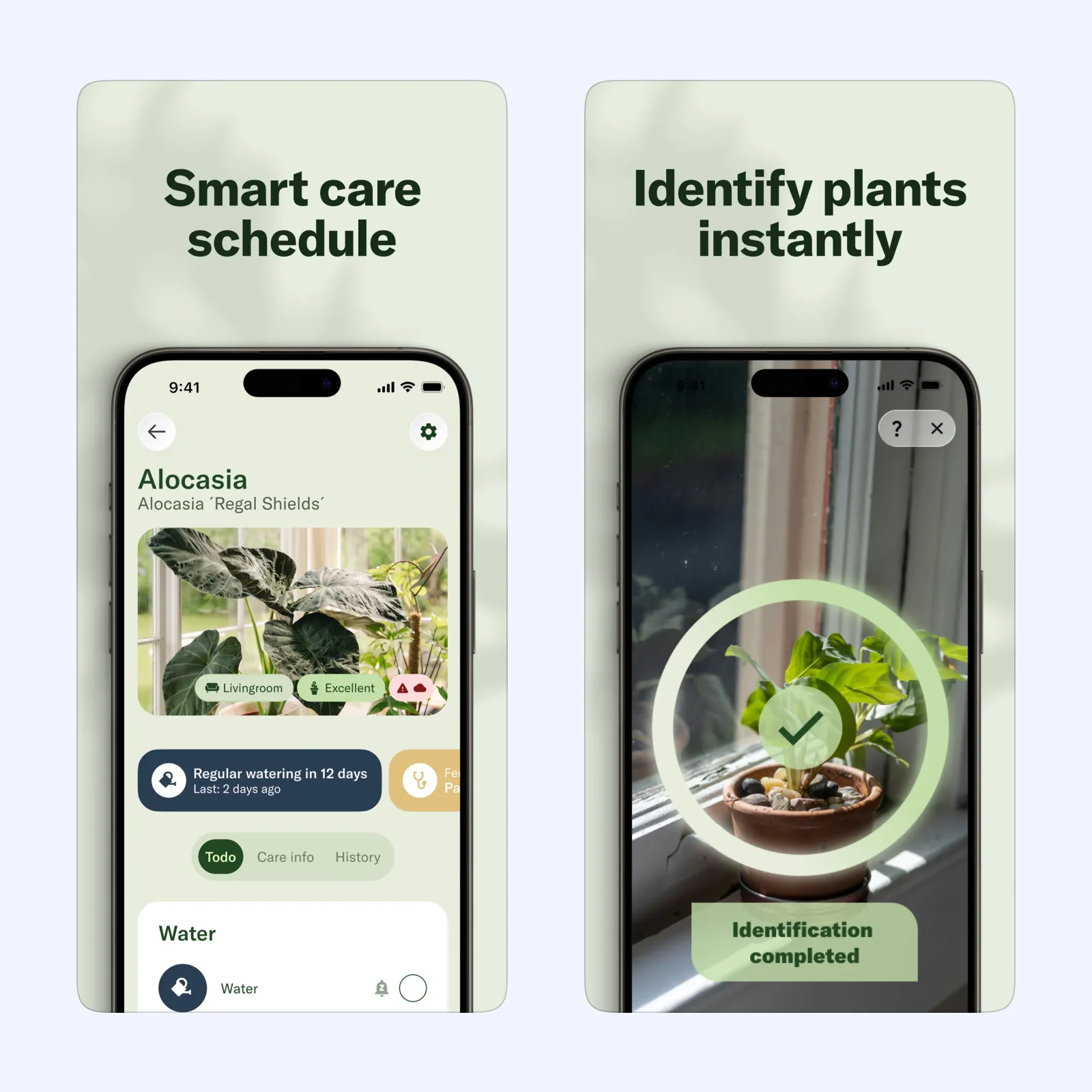 Planta App Store screens show a plant care schedule and a plant identification result.