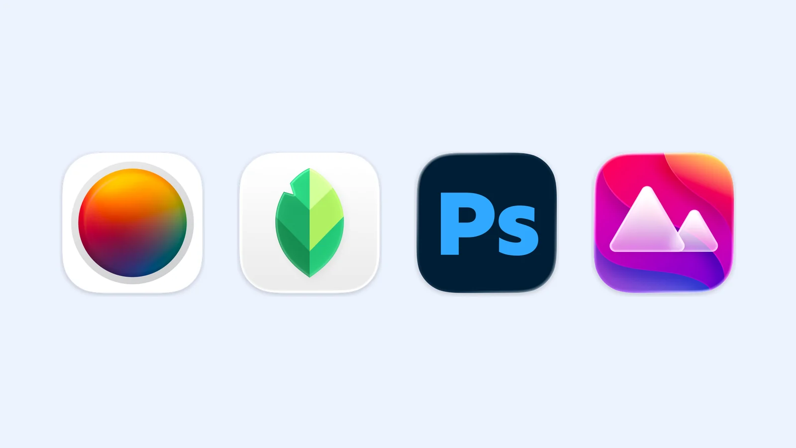 Photomator, Snapseed, Adobe Photoshop, and Darkroom icons on a pale blue background