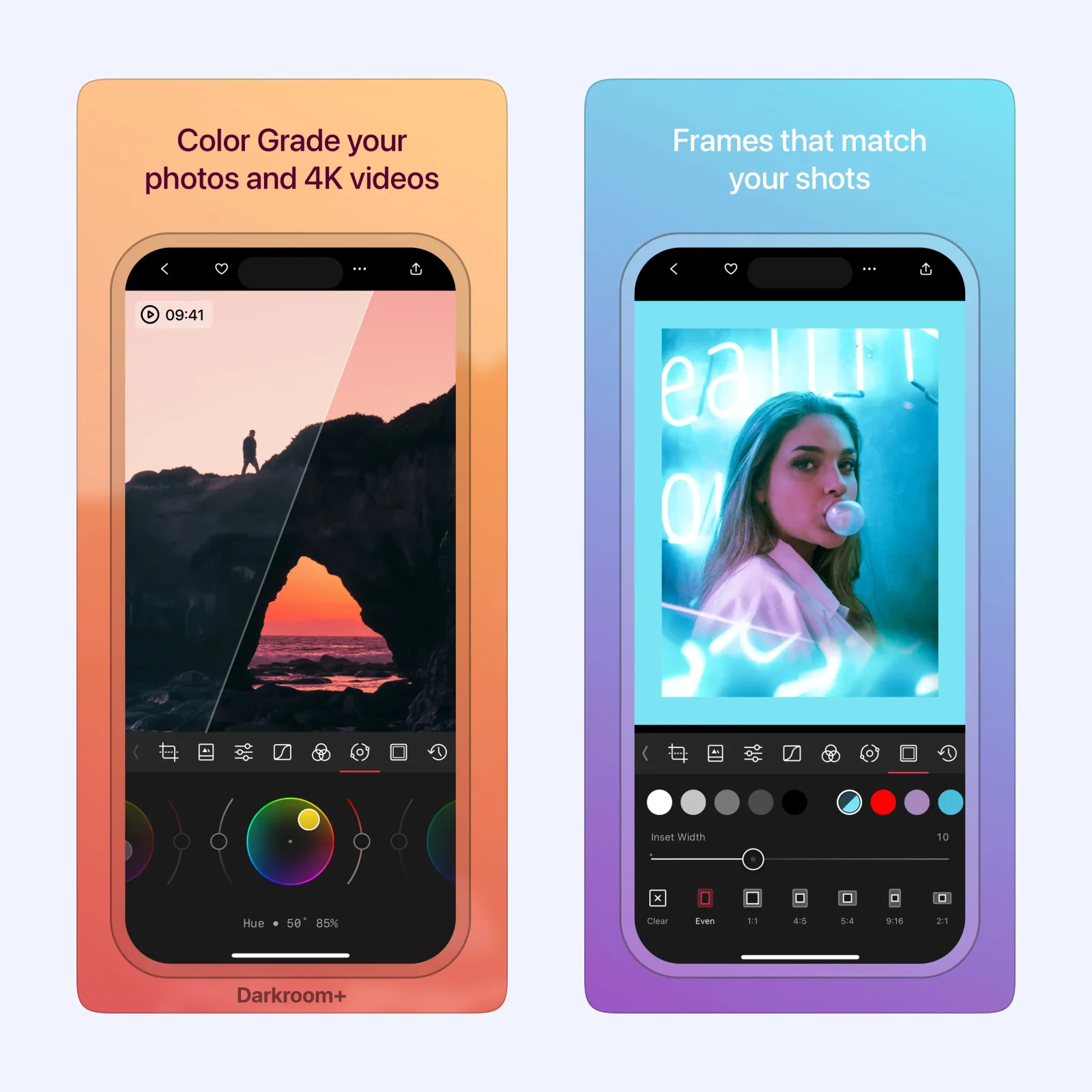Darkroom App Store screens show community presets and color grading controls.