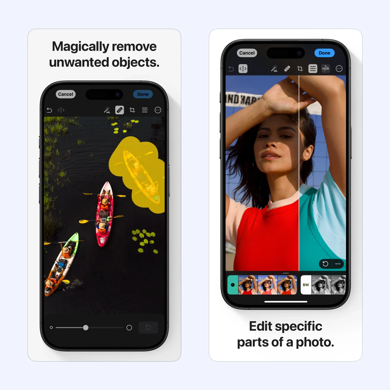 Photomator App Store screens show object removal and selective photo adjustments.