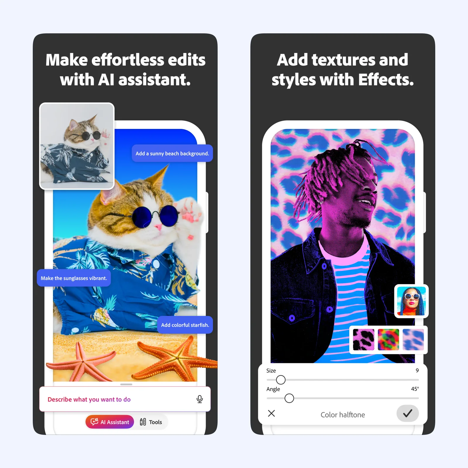 Adobe Photoshop App Store screens show AI Assistant edits and effects controls.
