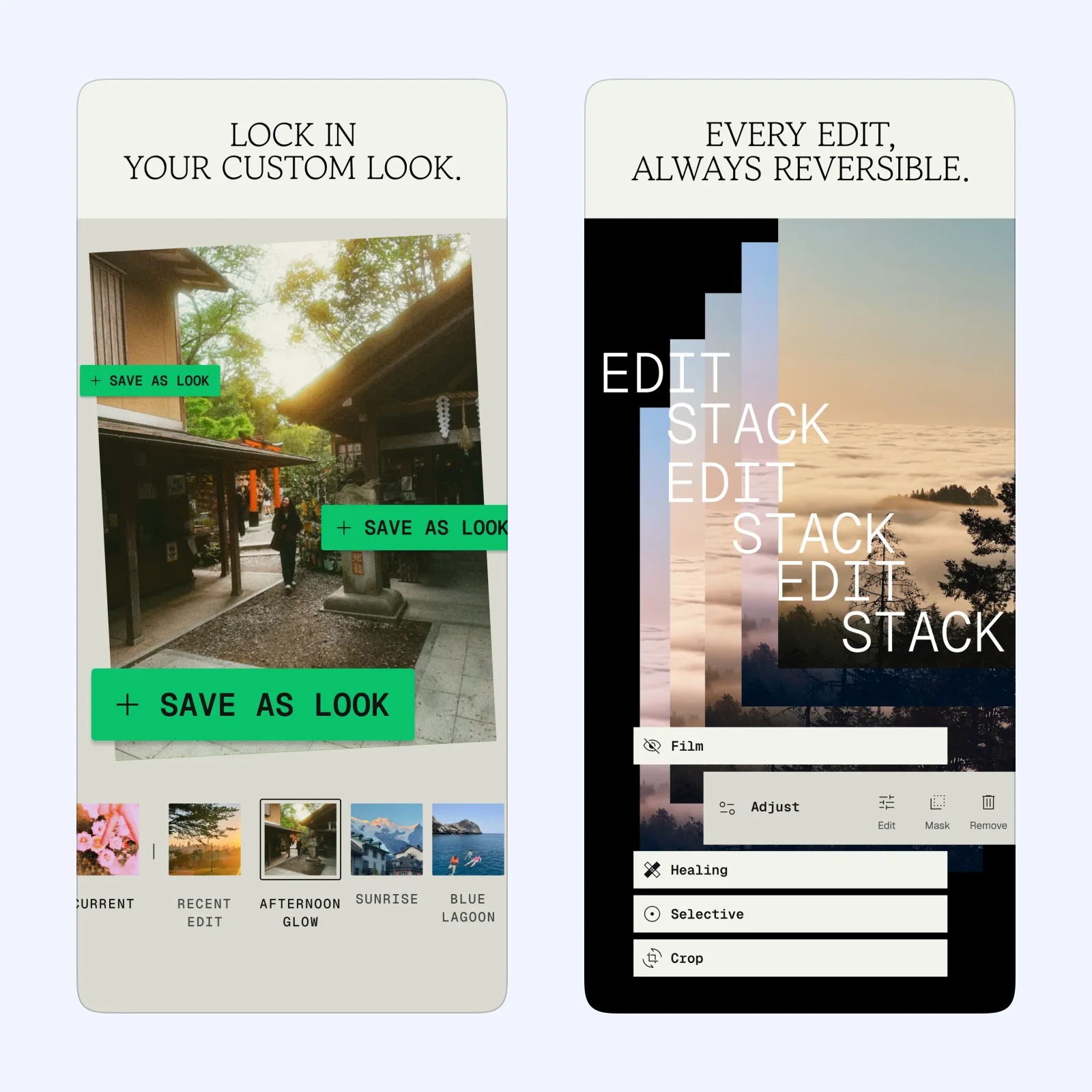 Snapseed App Store screens show saved looks and a reversible edit stack.