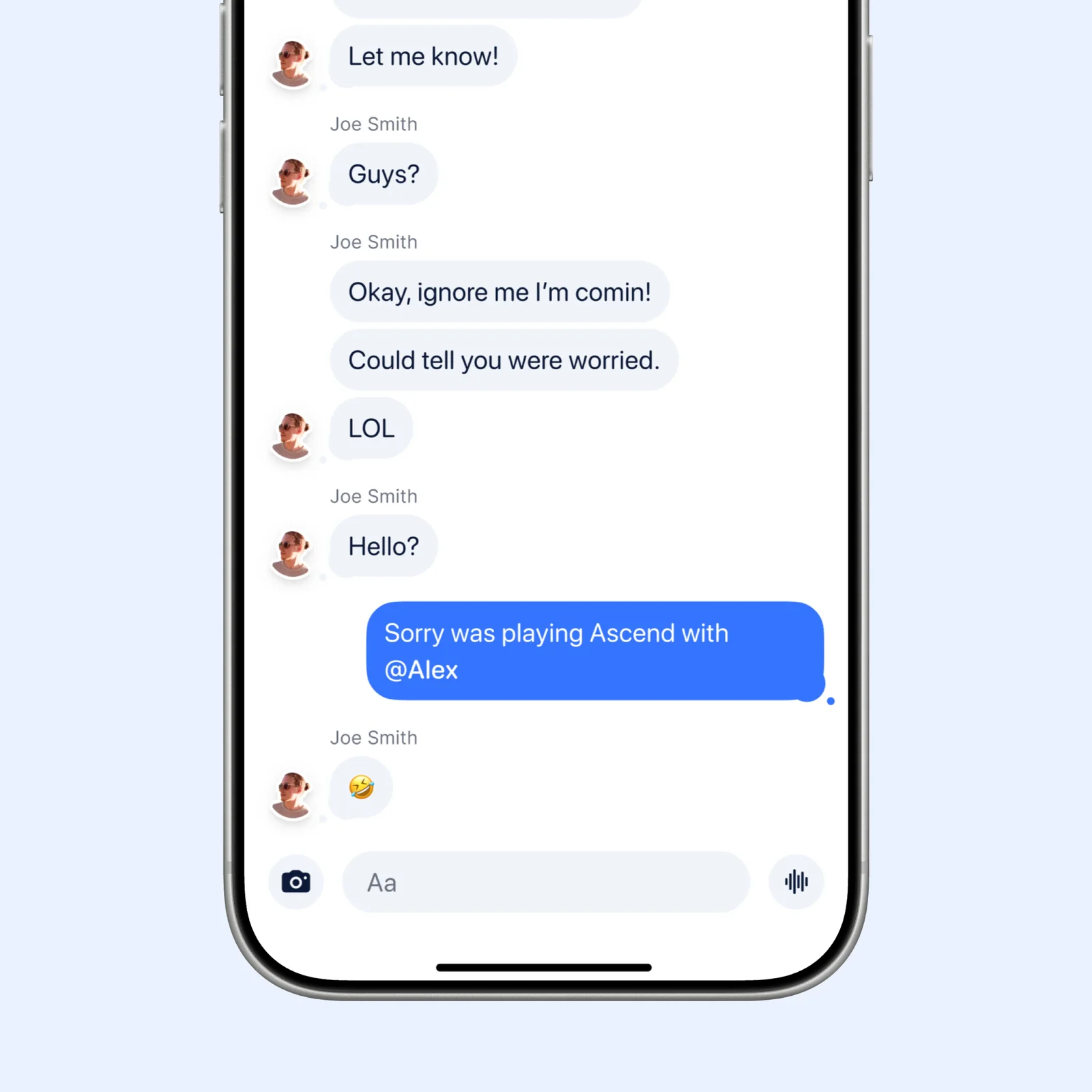 Abode shows a group chat with message bubbles, illustrated avatars, and a message field.