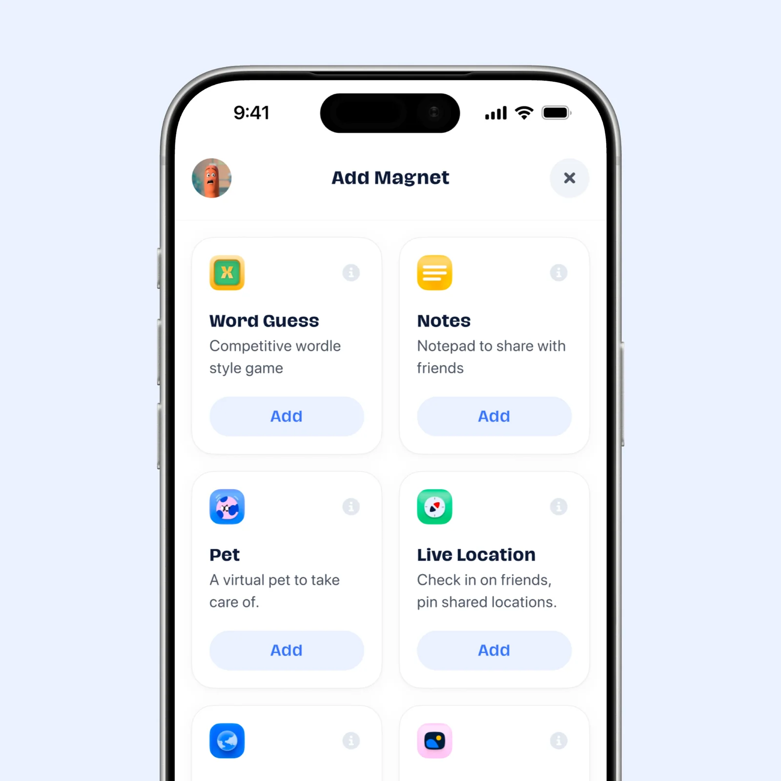 Abode lists magnets for a word game, notes, a virtual pet, and live location.