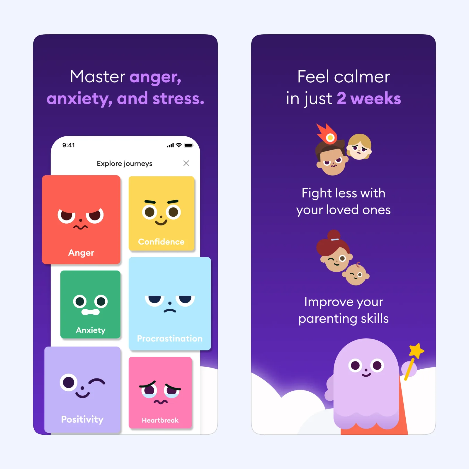 Ahead App Store screens show the Explore journeys screen with topics such as anger, confidence, anxiety, procrastination, positivity, and heartbreak.
