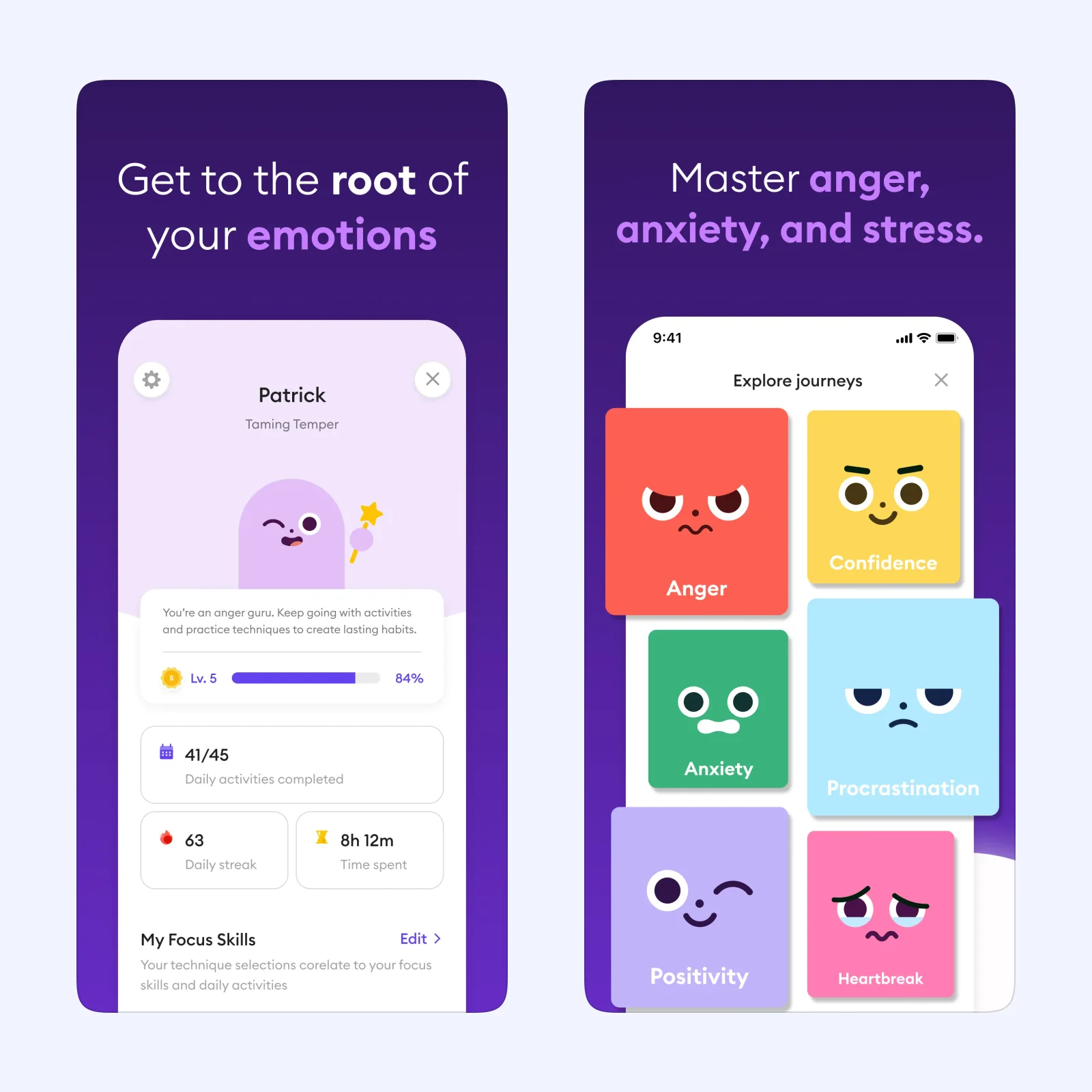 Ahead App Store screens show an emotional profile with a focus area, completed activities, a streak, and time spent.