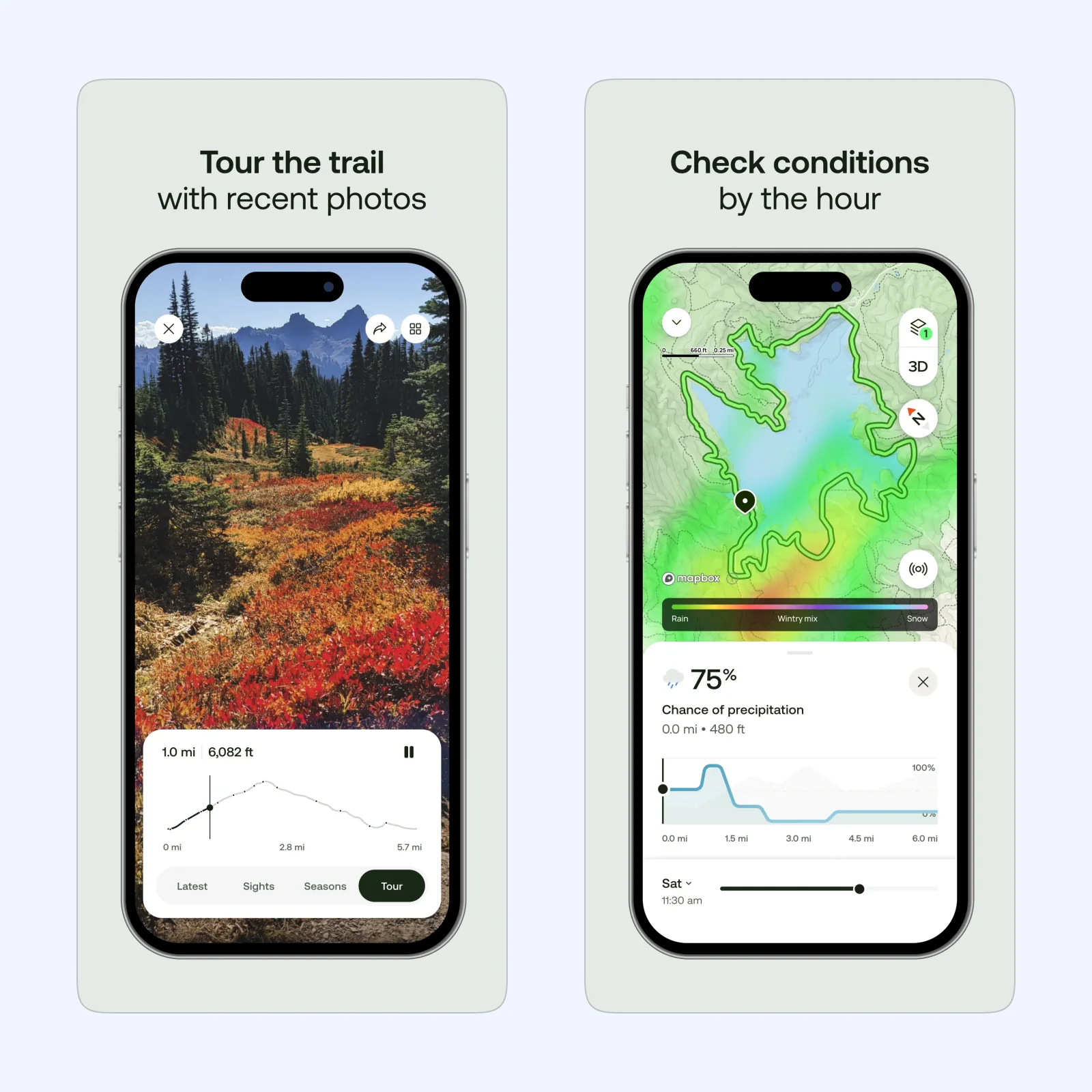 A trail Tour view with recent photos beside an hourly conditions map.