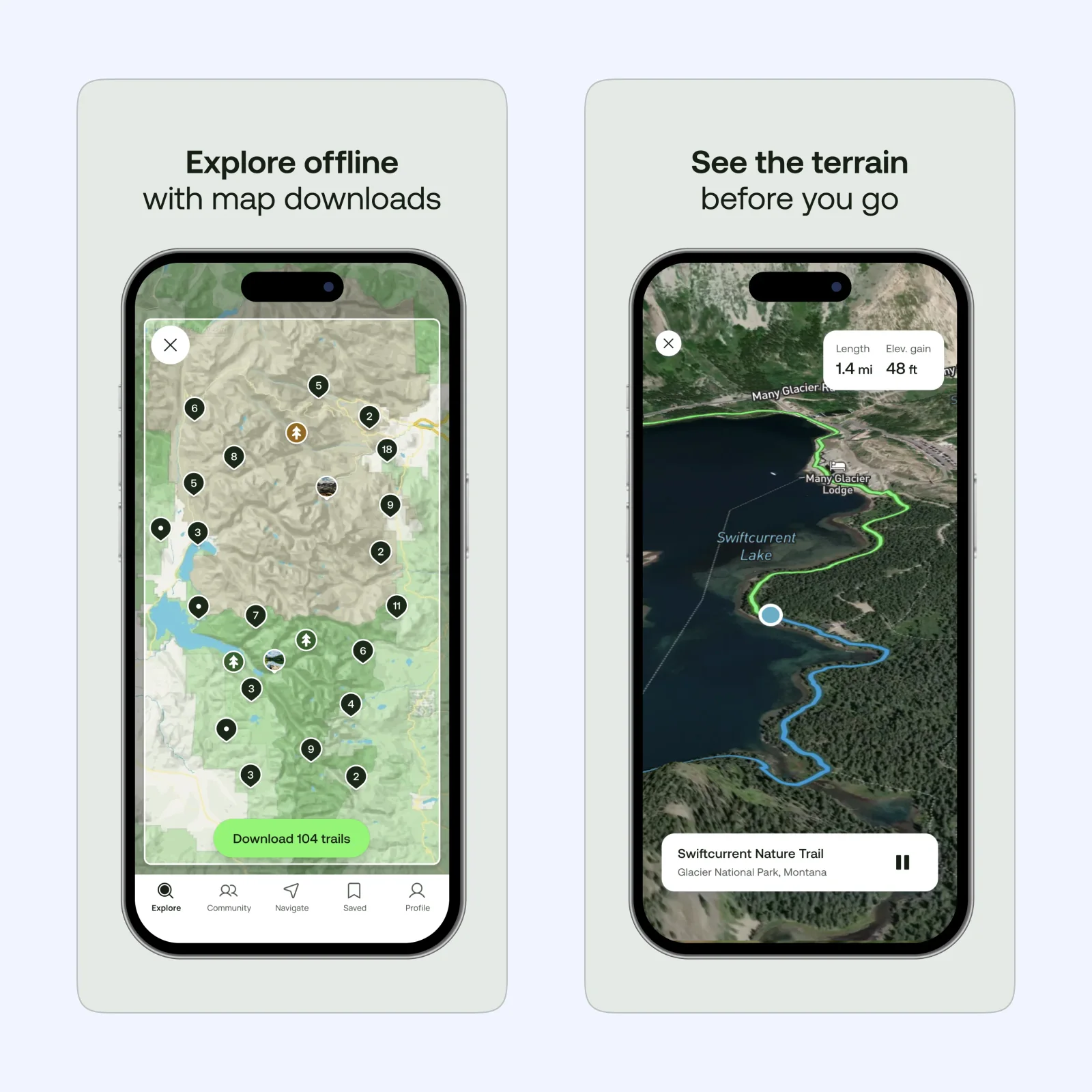 Offline map downloads beside a terrain preview with the route highlighted.