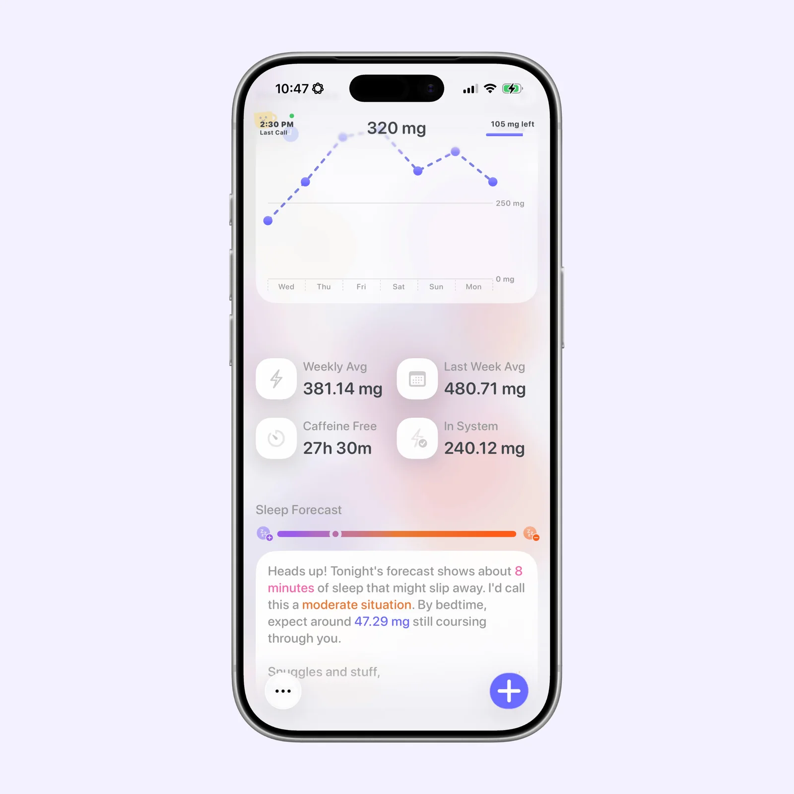 Alyx shows 320 milligrams, a weekly caffeine chart, averages, and a sleep forecast.
