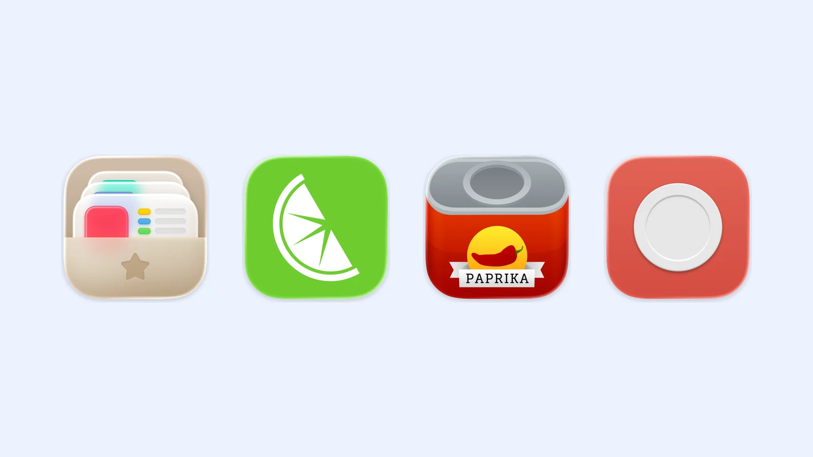 The Crouton, Mealime, Paprika, and Mela app icons on a pale blue background