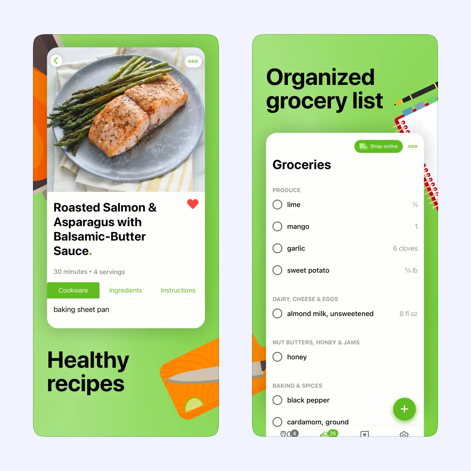 Mealime shows a salmon recipe and an organized grocery list generated from a meal plan.