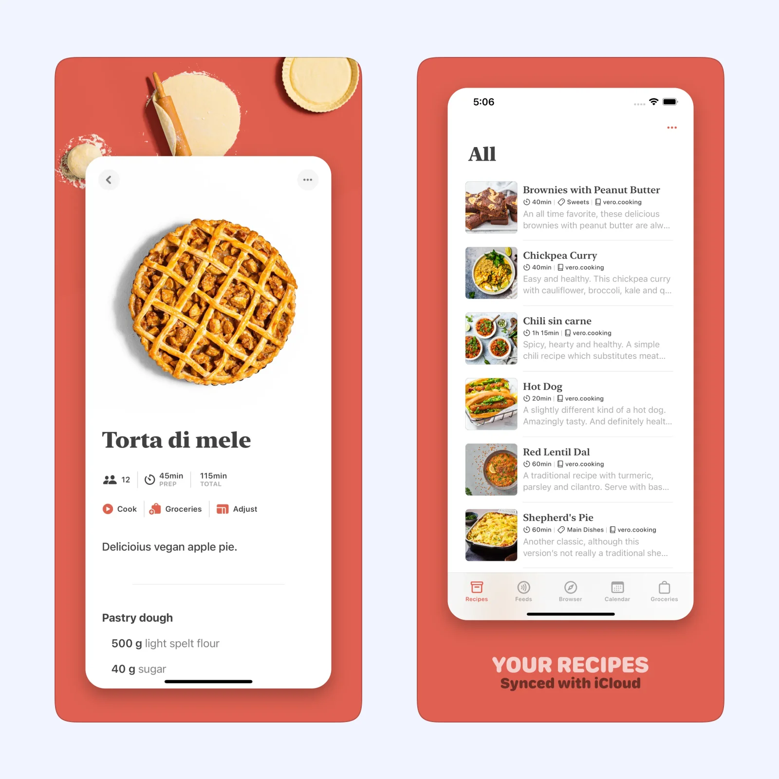 Mela shows a saved apple pie recipe and a synced recipe library with Calendar and Groceries tabs.