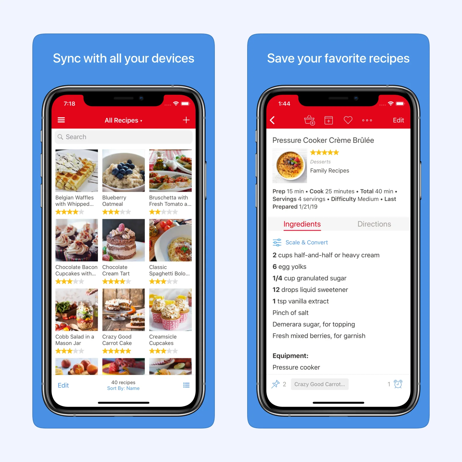 Paprika shows a recipe library and a saved recipe with ingredients and cooking details.