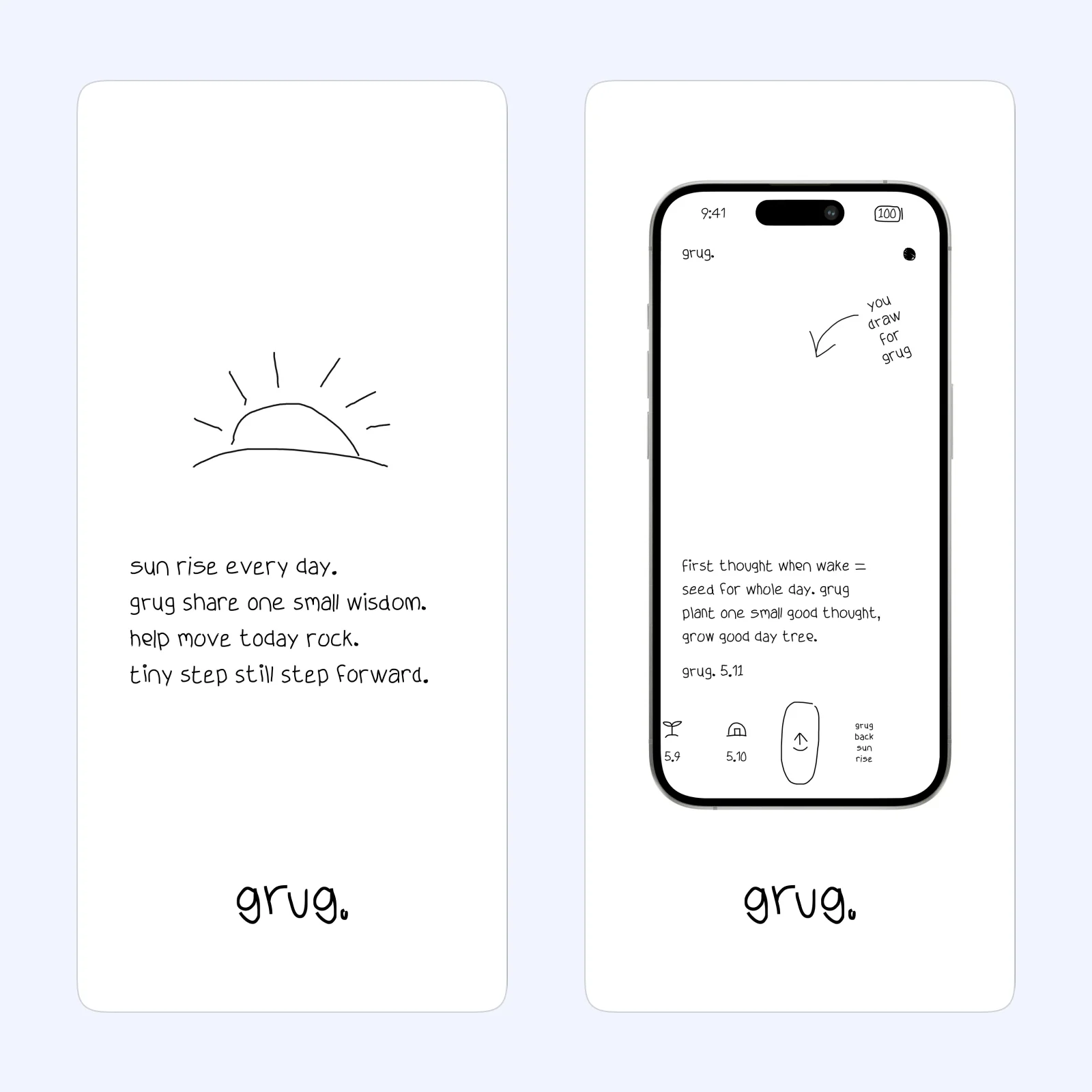 grug App Store screens show one daily handwritten thought and a simple drawing page.