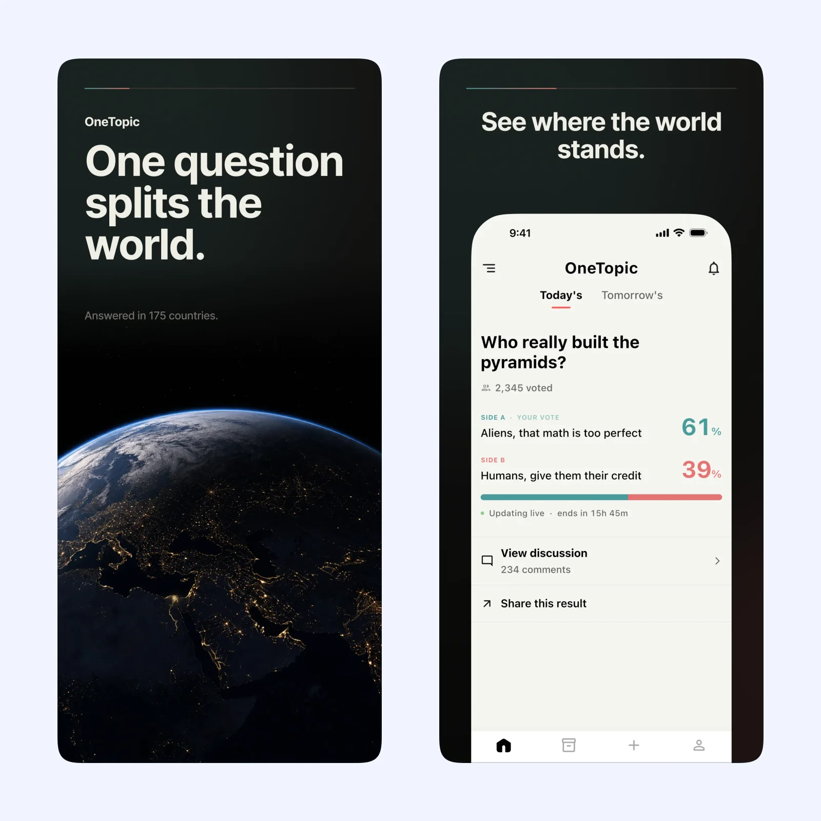 OneTopic App Store screens show its daily global question and live voting result.