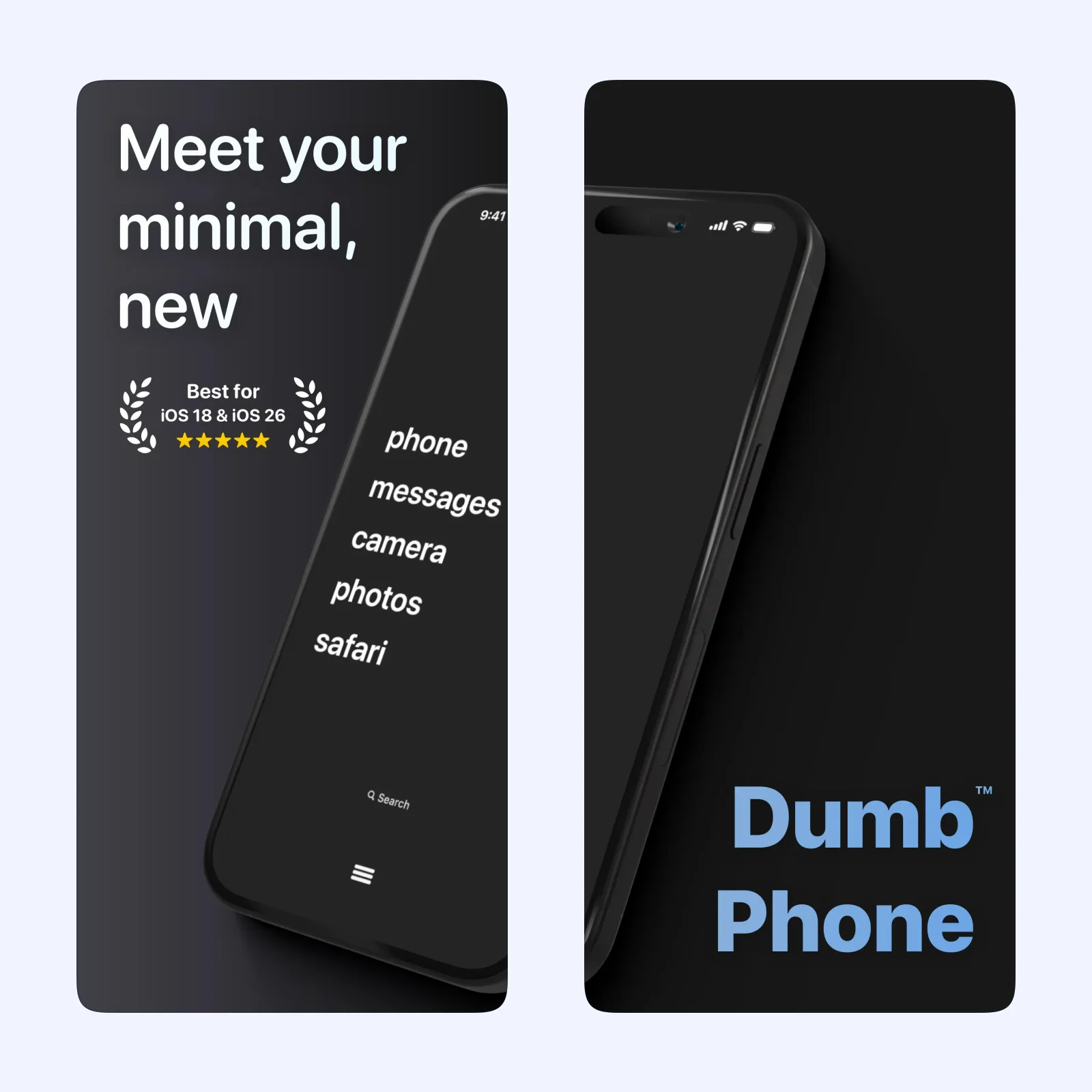Dumb Phone screenshots show a minimal text Home Screen and its settings.