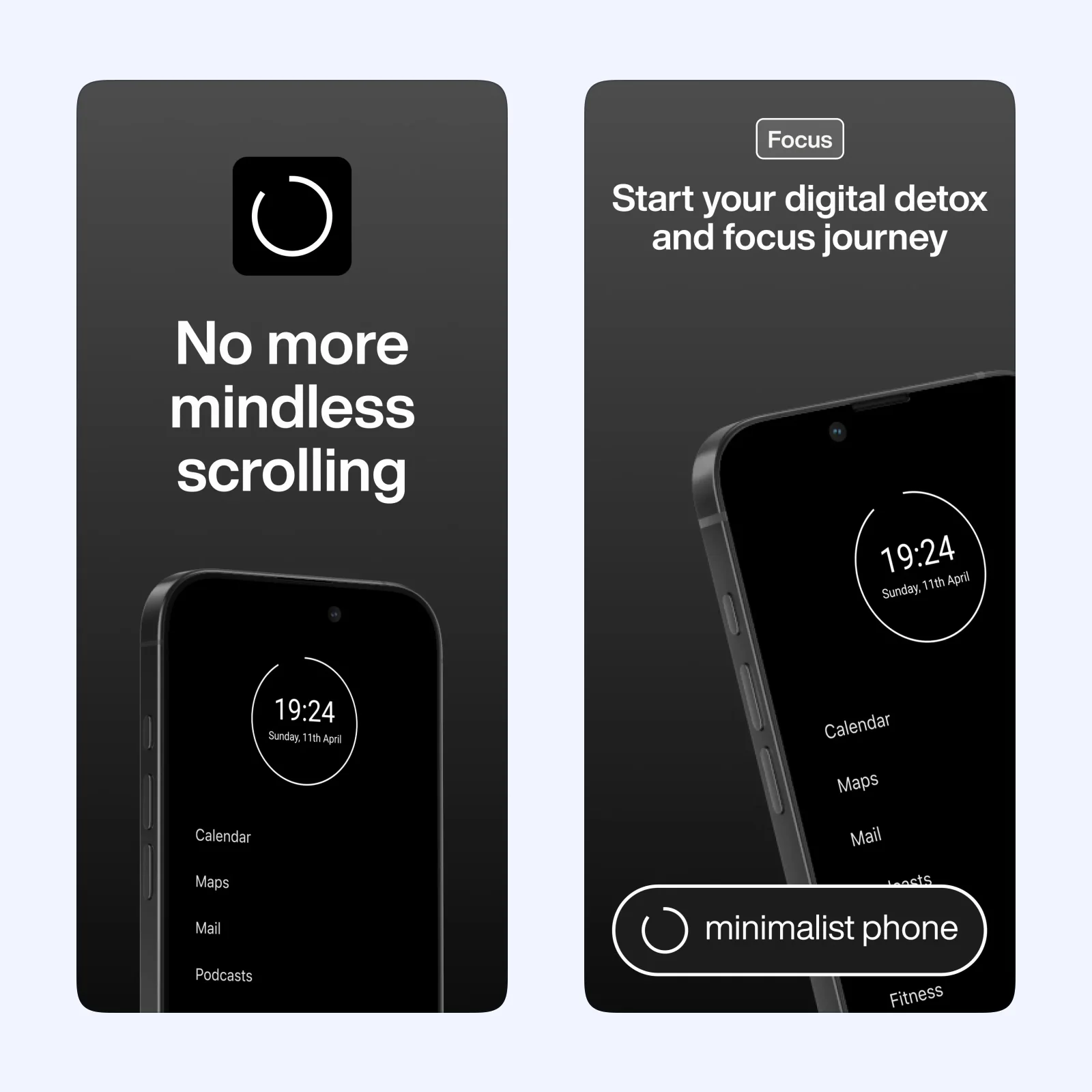 minimalist phone screenshots show a text-based launcher and setup controls.