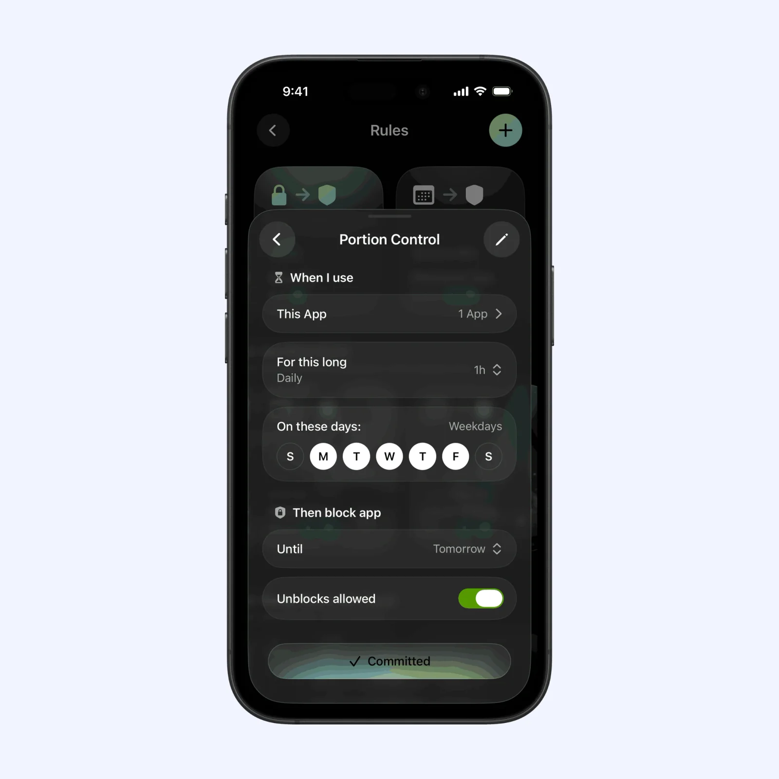 Opal shows a daily Portion Control rule in an iPhone frame.