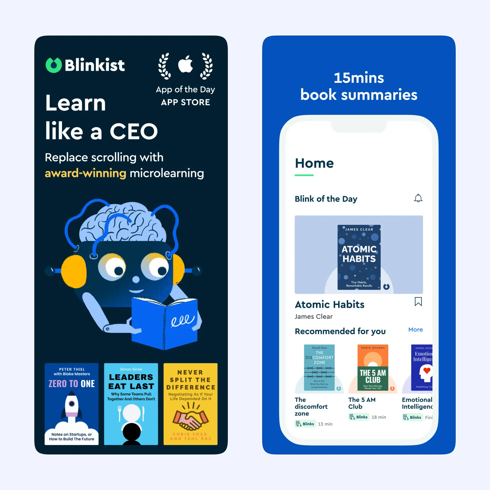 Blinkist shows its book summary catalog and a 15-minute Blink of the Day.