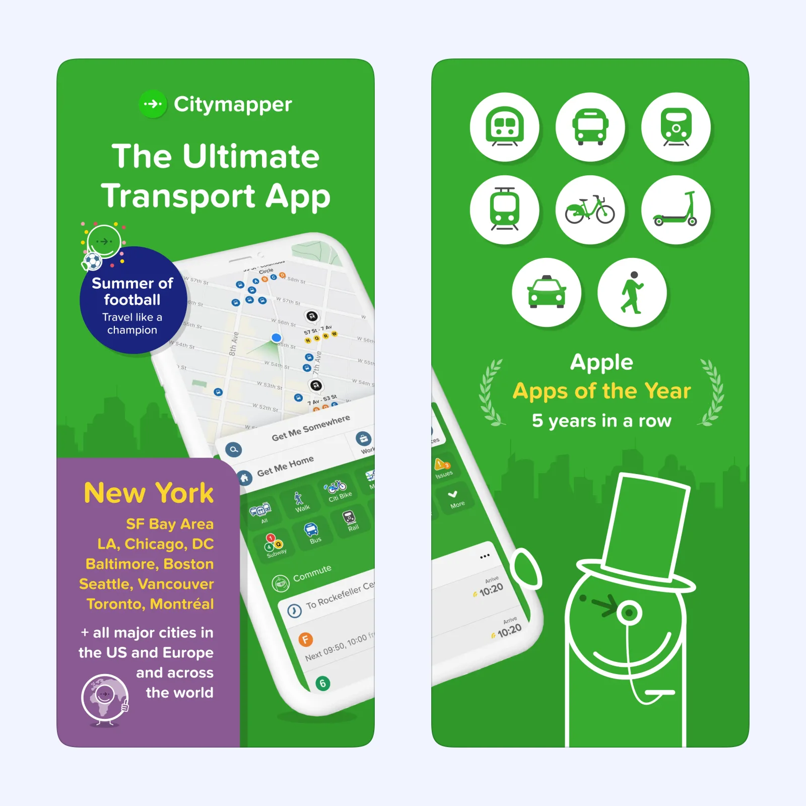 Citymapper shows its transport map, commute route, and supported travel modes.