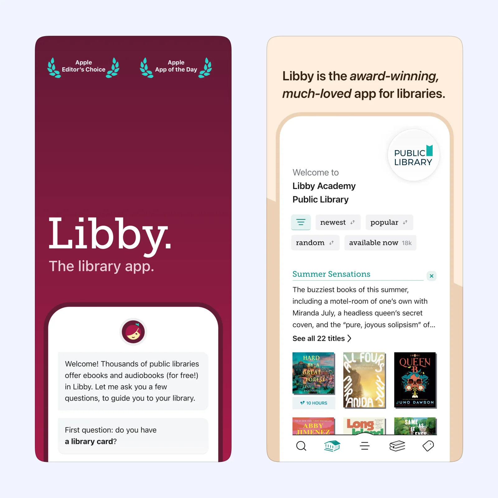 Libby shows its library card setup and a public library catalog of ebooks and audiobooks.