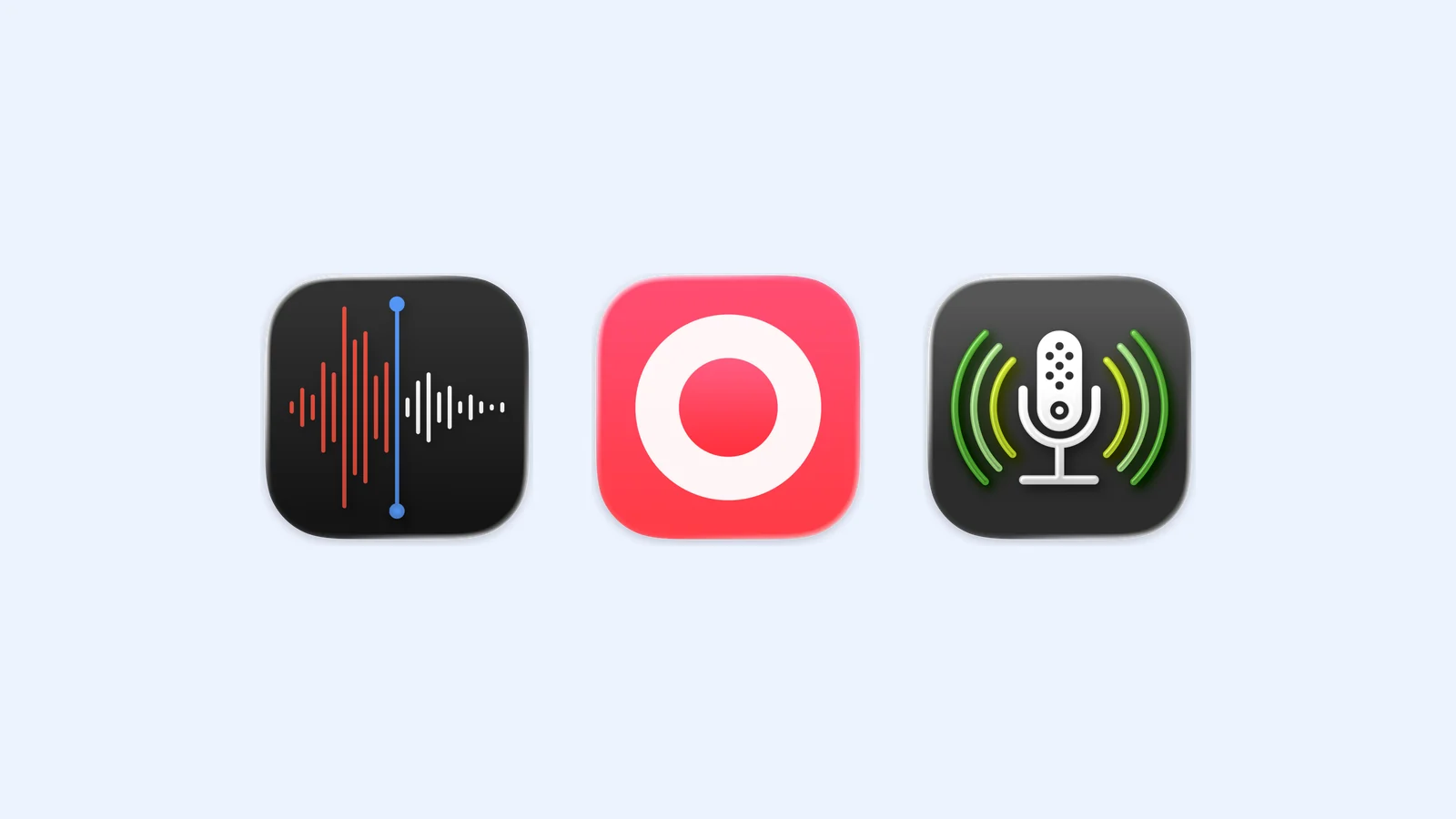 The Voice Memos, Just Press Record, and Ferrite Recording Studio icons on a pale blue background