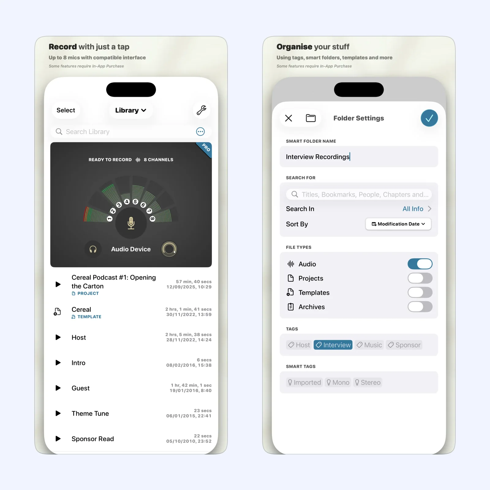 Ferrite App Store screens show its recording library and smart folder settings.