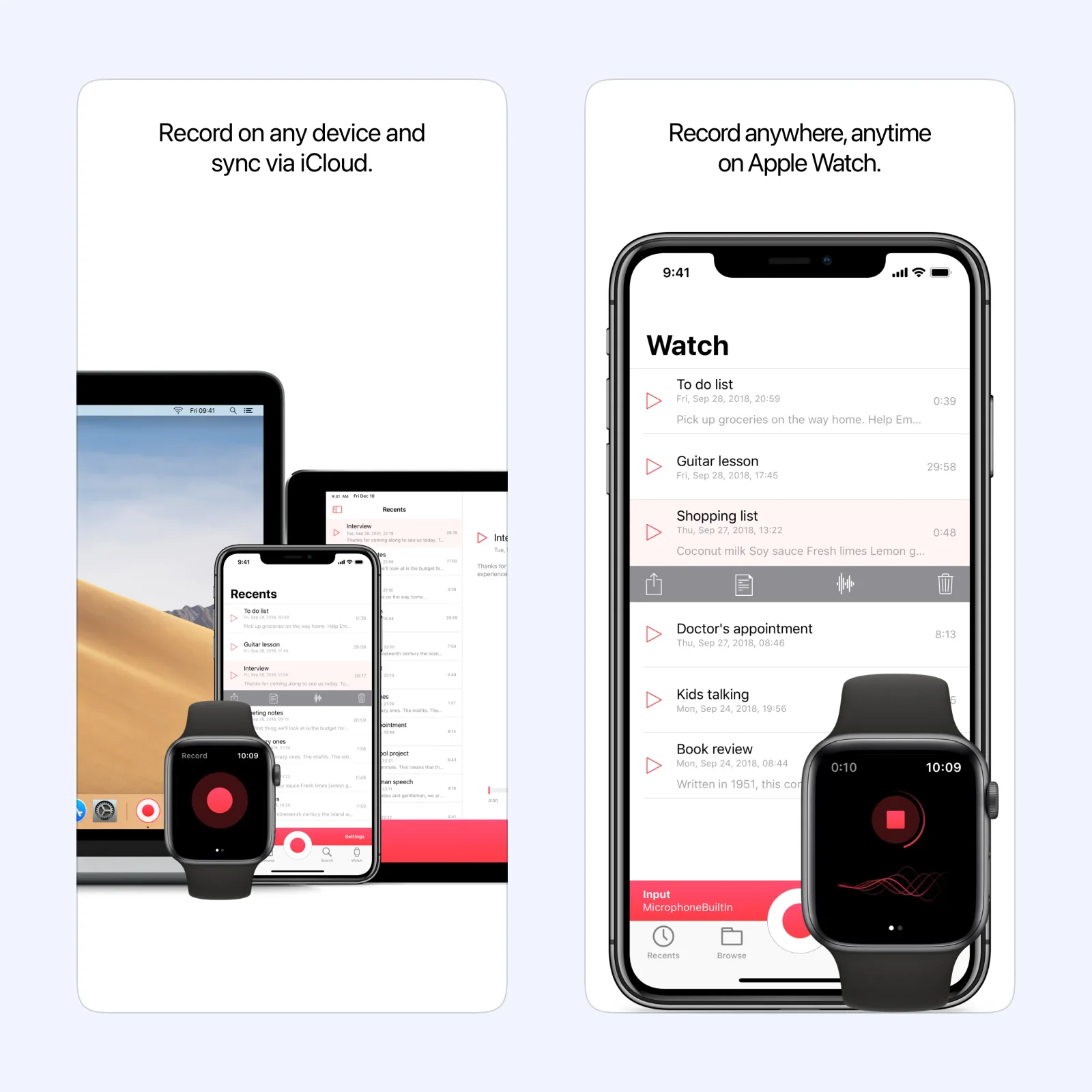 Just Press Record App Store screens show its synced recording library and Apple Watch controls.