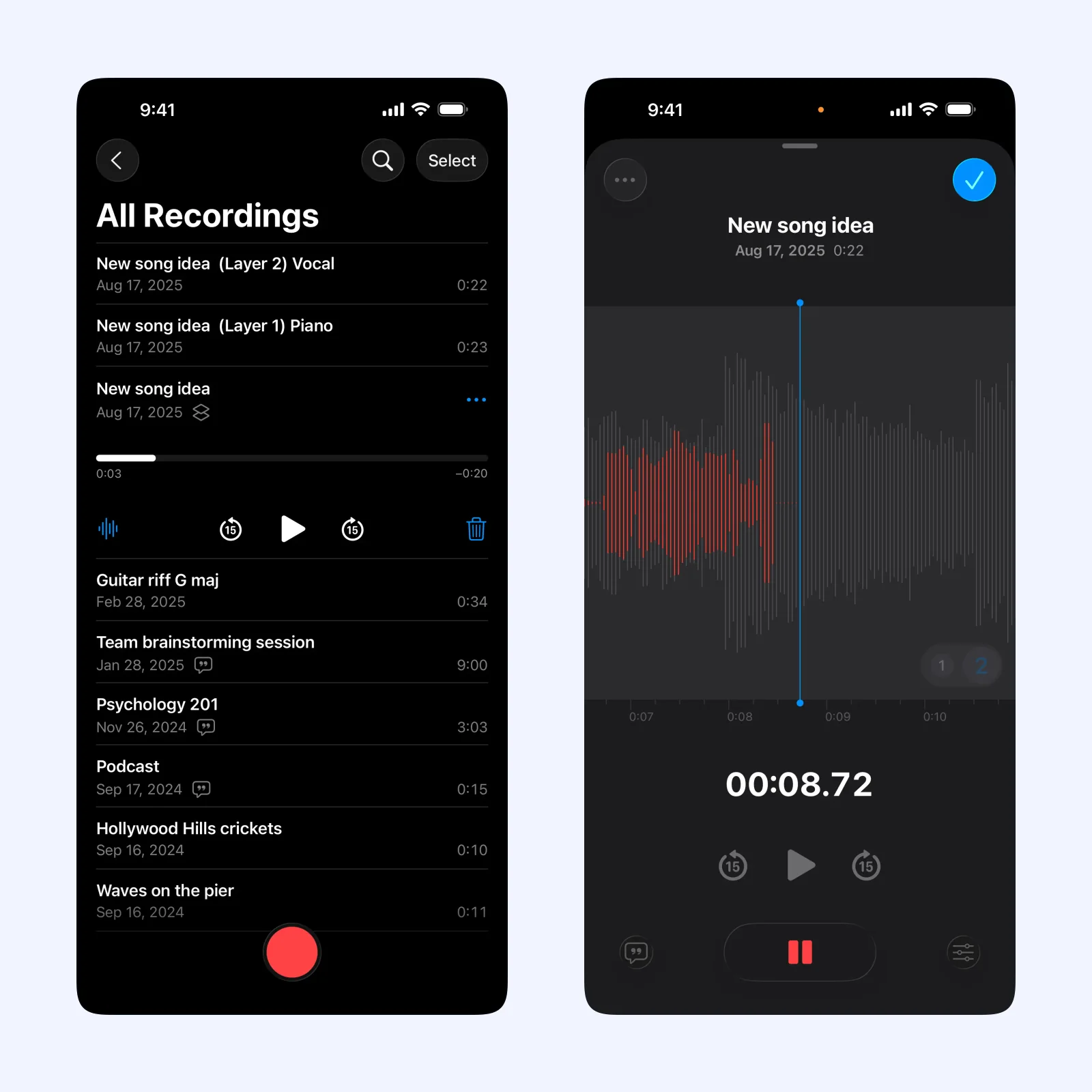 Voice Memos App Store screens show the recording library and a waveform editor.