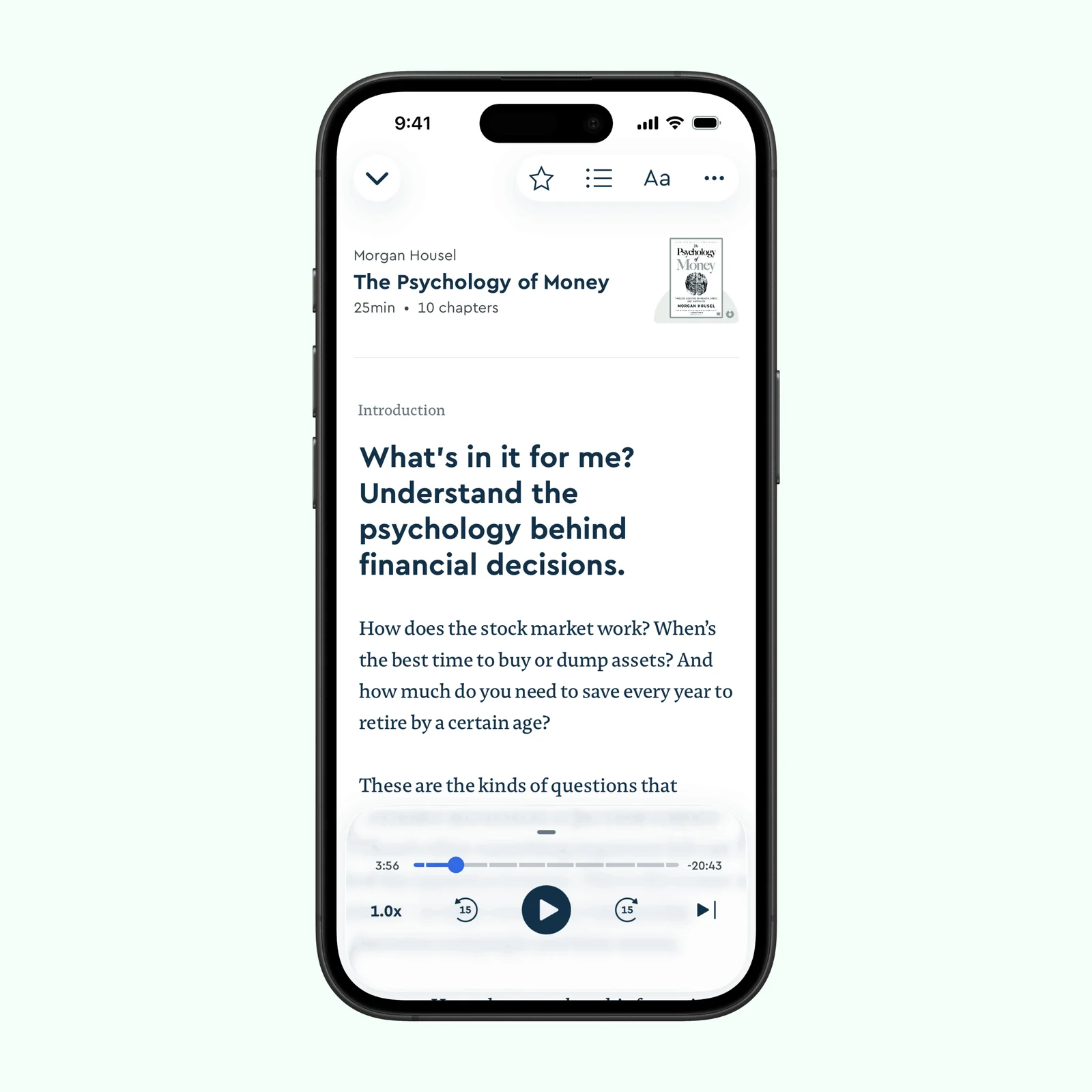 Blinkist shows The Psychology of Money with a 25-minute summary, chapters, and audio controls.
