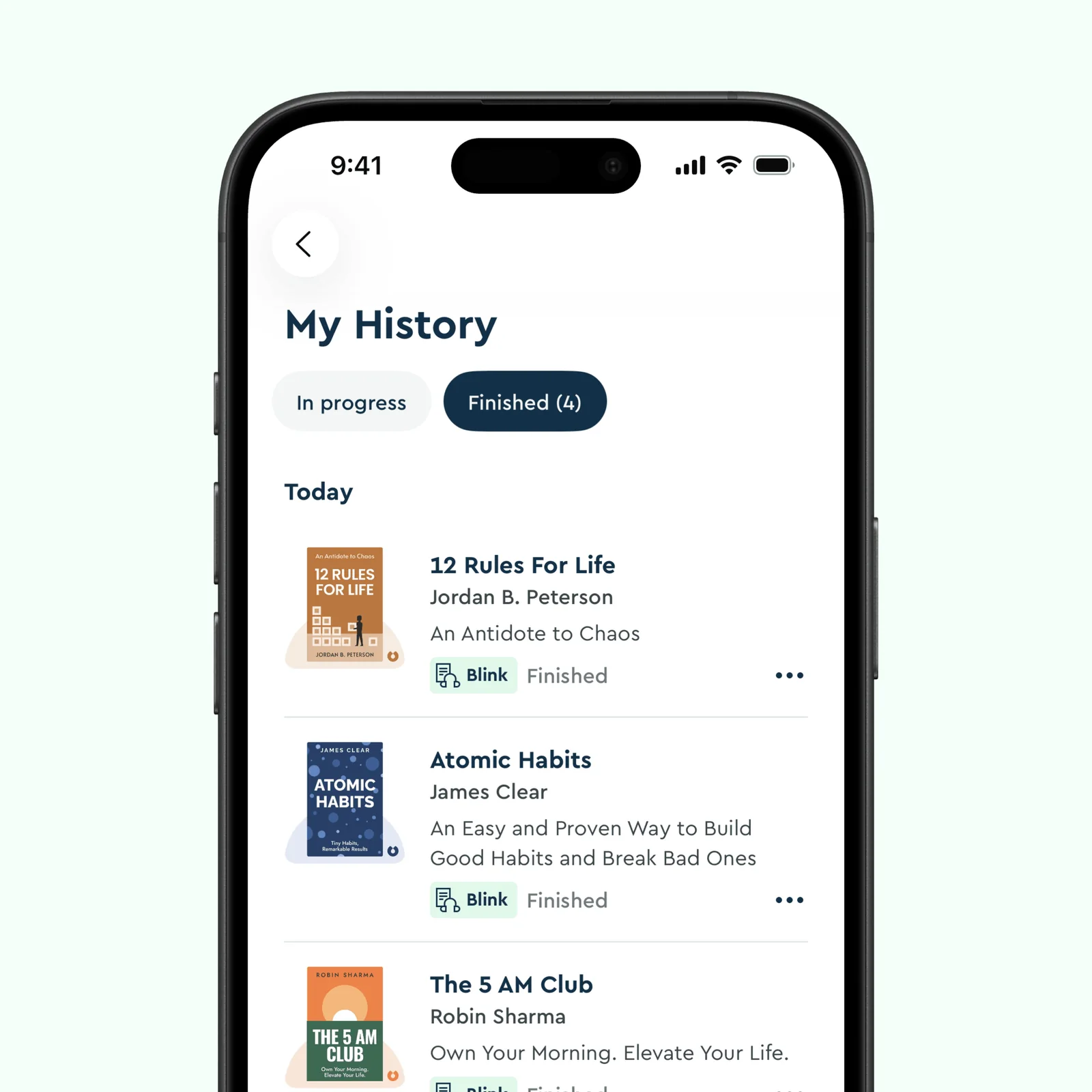 Blinkist history lists finished summaries with book titles and authors.