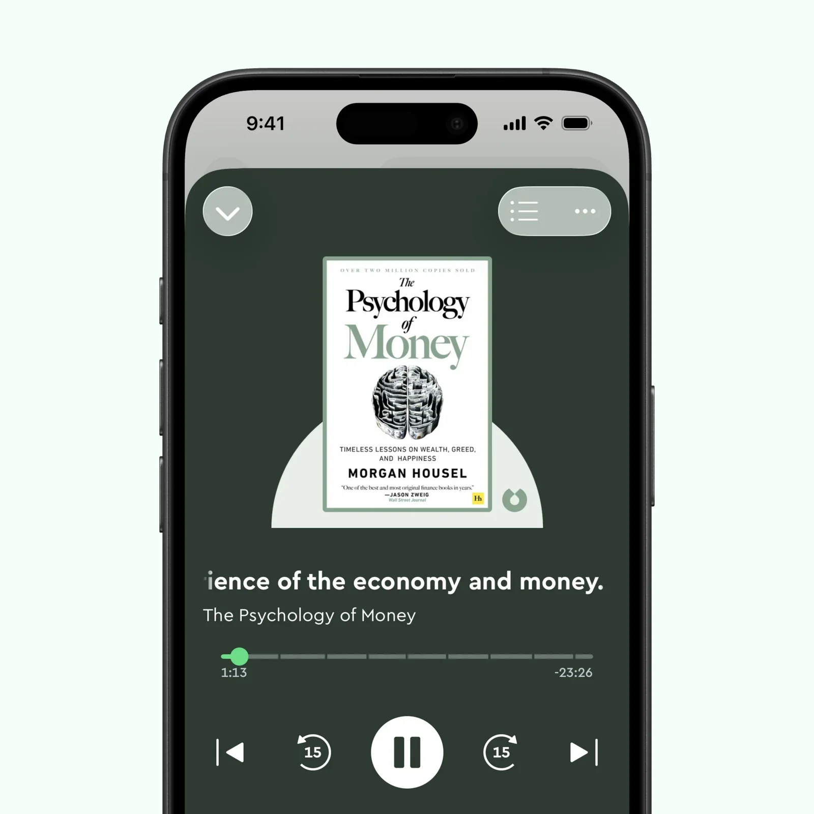 Blinkist audio player shows a book cover, progress, speed, playback, and AirPlay controls.
