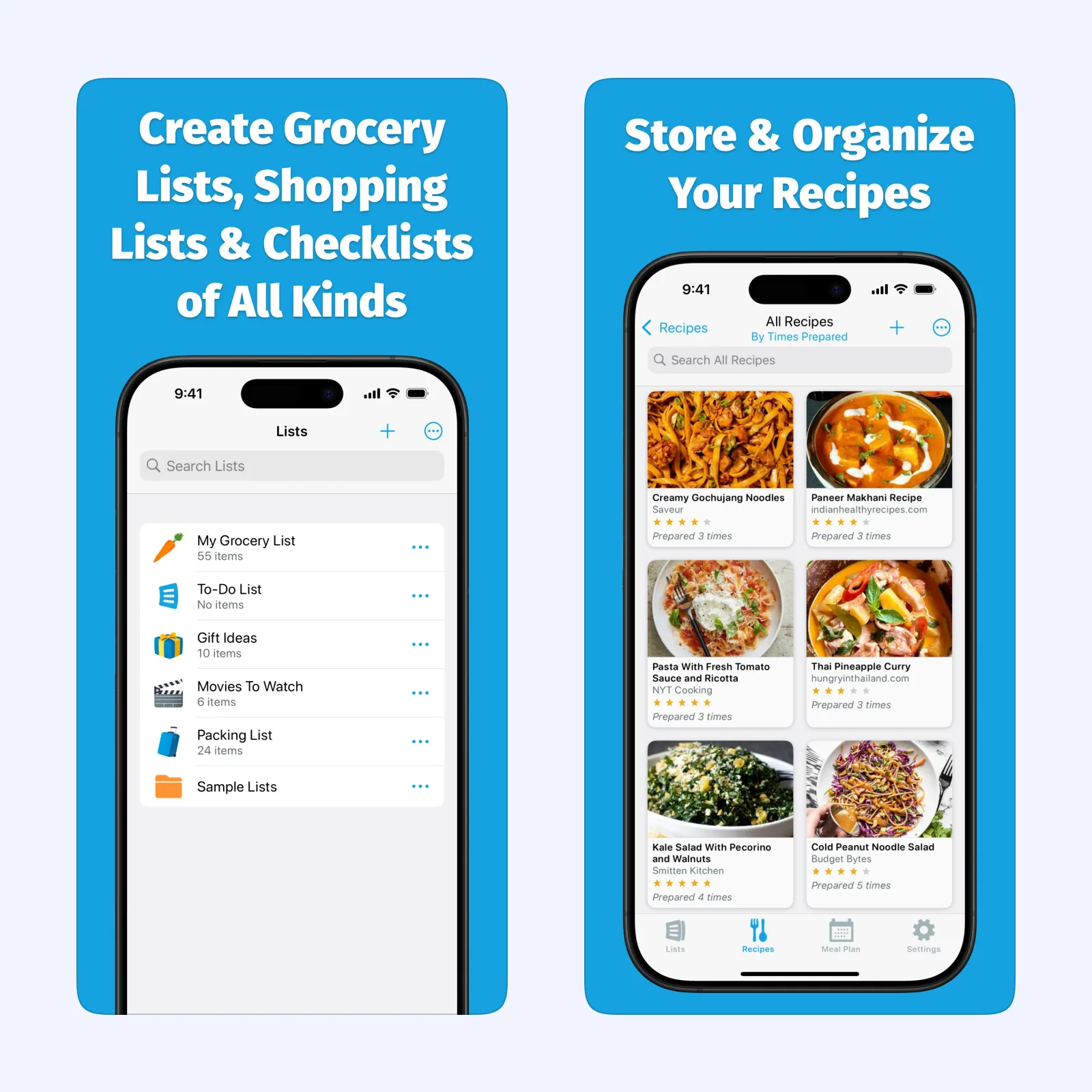 AnyList App Store screens show organized lists and a recipe library on iPhone.