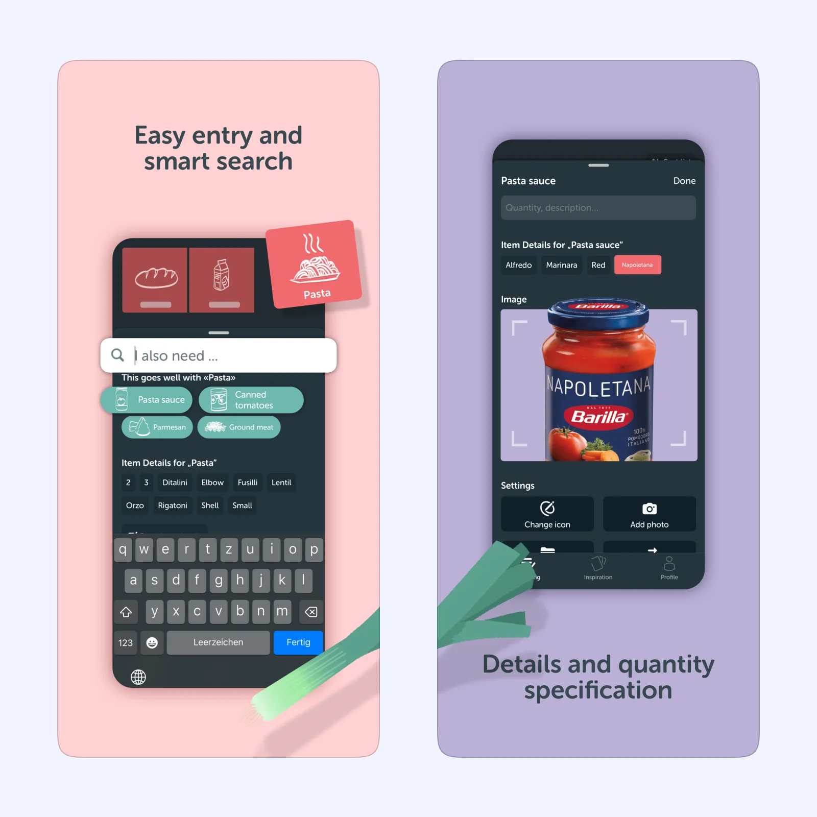 Bring! App Store screens show smart item entry and a product photo with quantity details.