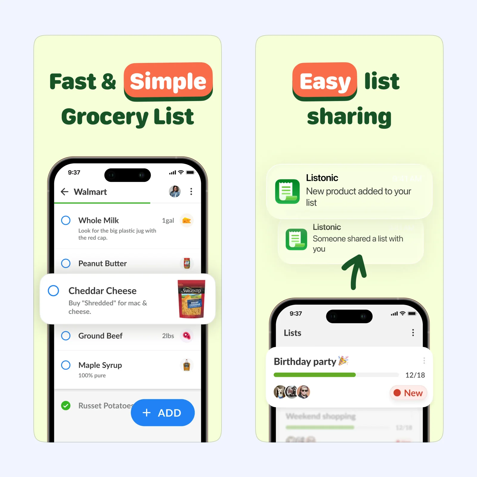 Listonic App Store screens show a shared grocery list with item notes and household notifications.