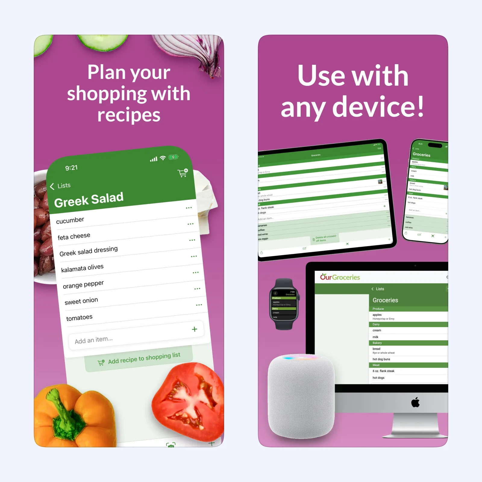 OurGroceries App Store screens show a recipe-based shopping list and the same list across Apple devices.