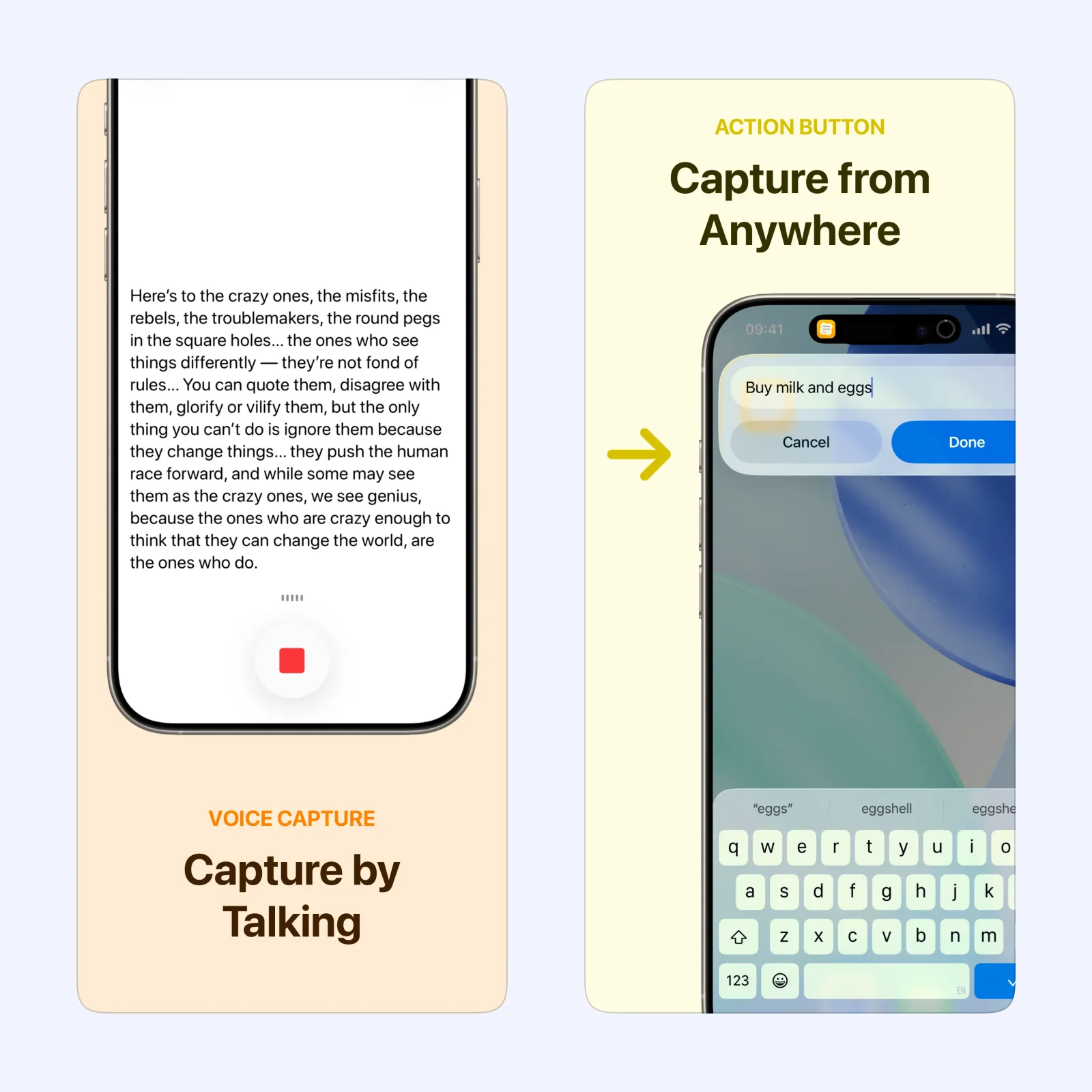 Capture App Store screens show voice capture and an Action Button entry field.