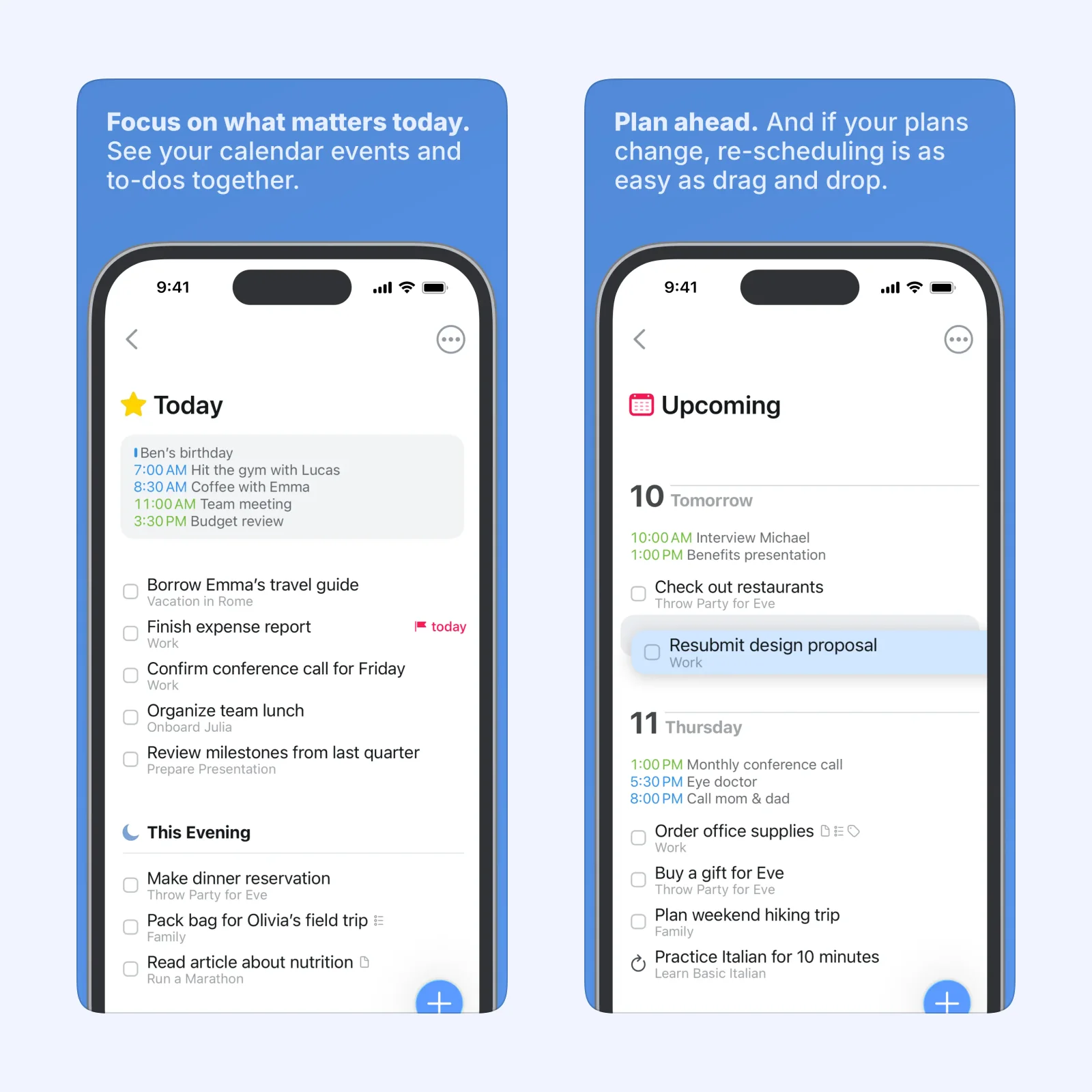 Things 3 App Store screens show Today and Upcoming lists with calendar events.