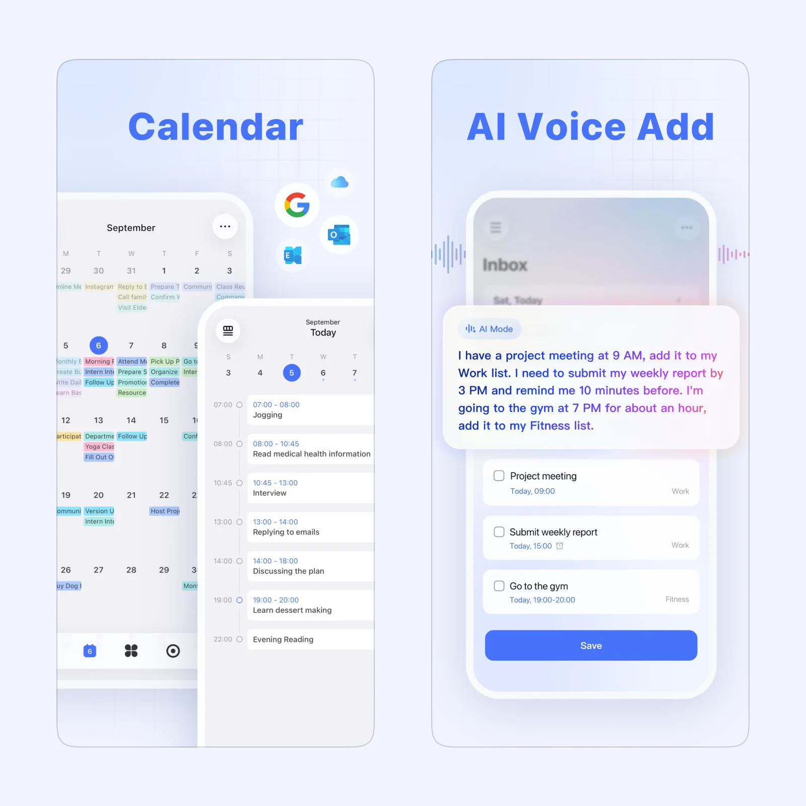 TickTick App Store screens show a calendar view and an AI voice task entry flow.