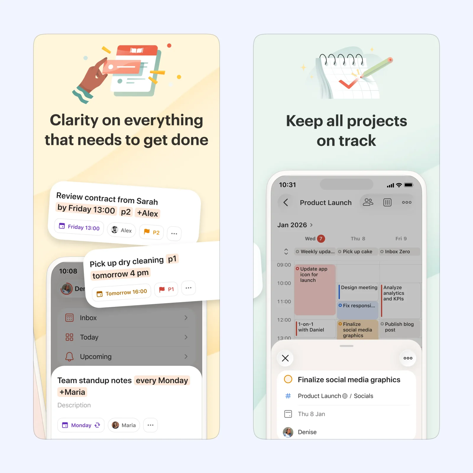 Todoist App Store screens show natural-language task entry and a project calendar.