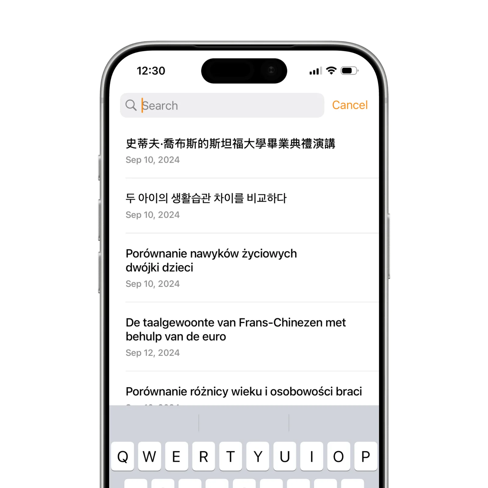 Capy search finds notes in several languages above the iPhone keyboard.