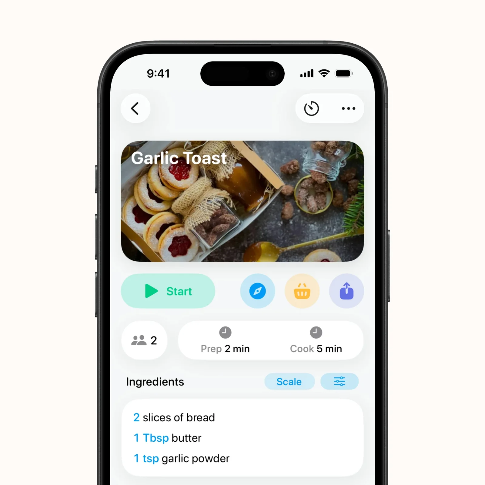 Crouton shows a Garlic Toast recipe with a photo, time, ingredients, and Start button.