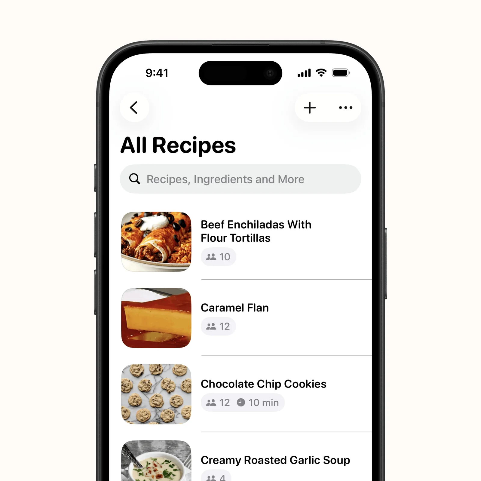 Crouton displays a searchable recipe library with enchiladas, flan, and cookies.