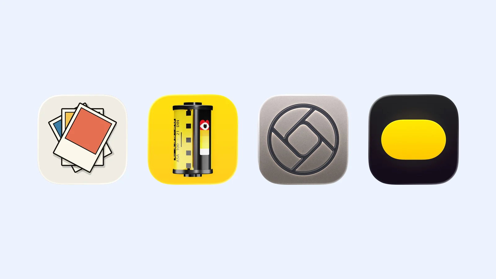 Four iPhone camera app icons on a pale blue background