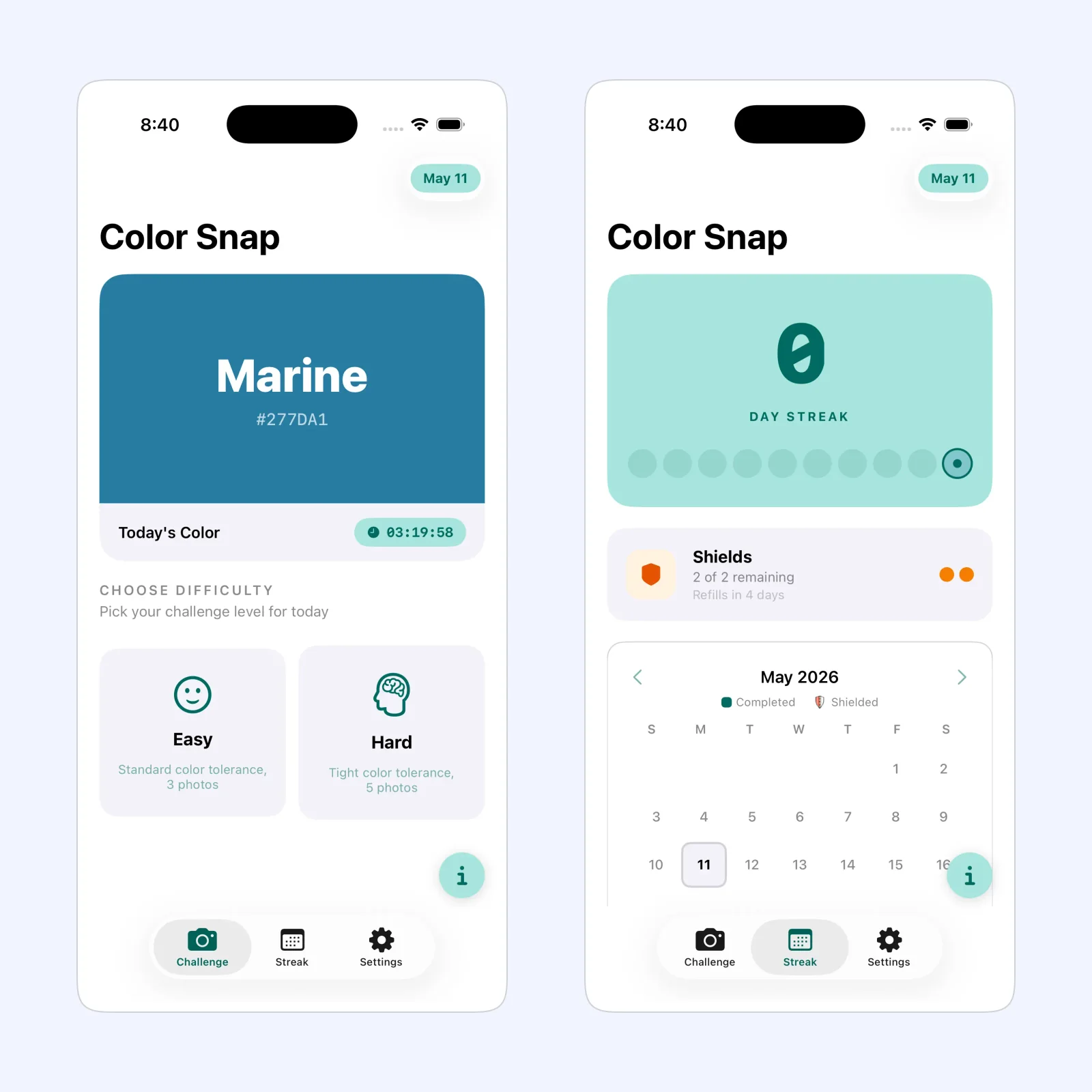 Color Snap screenshots show a daily color prompt and matching photo collection.