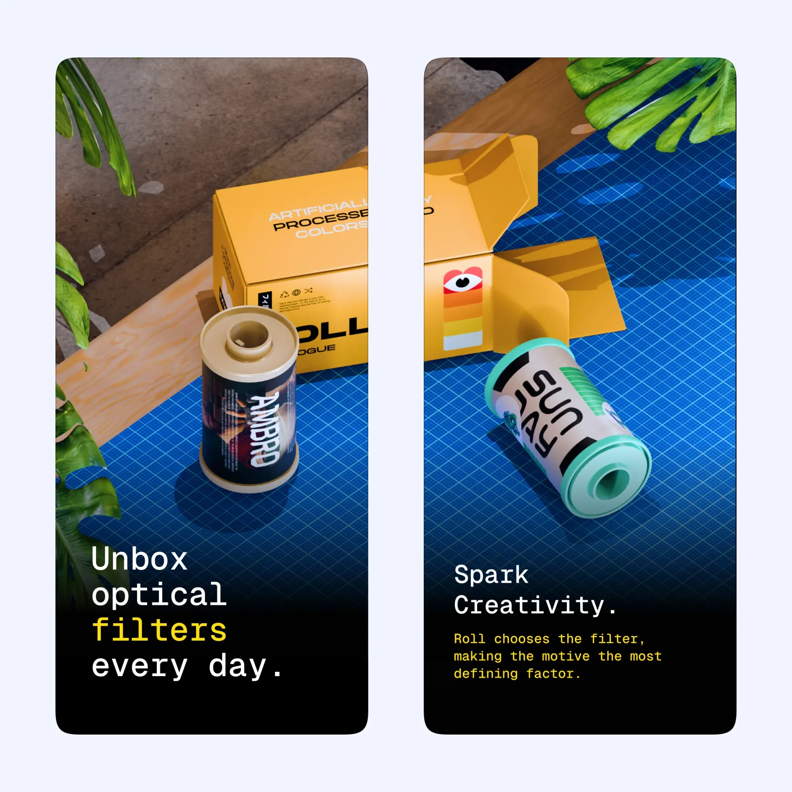 Roll Camera screenshots show a limited film roll and a simple photo gallery.