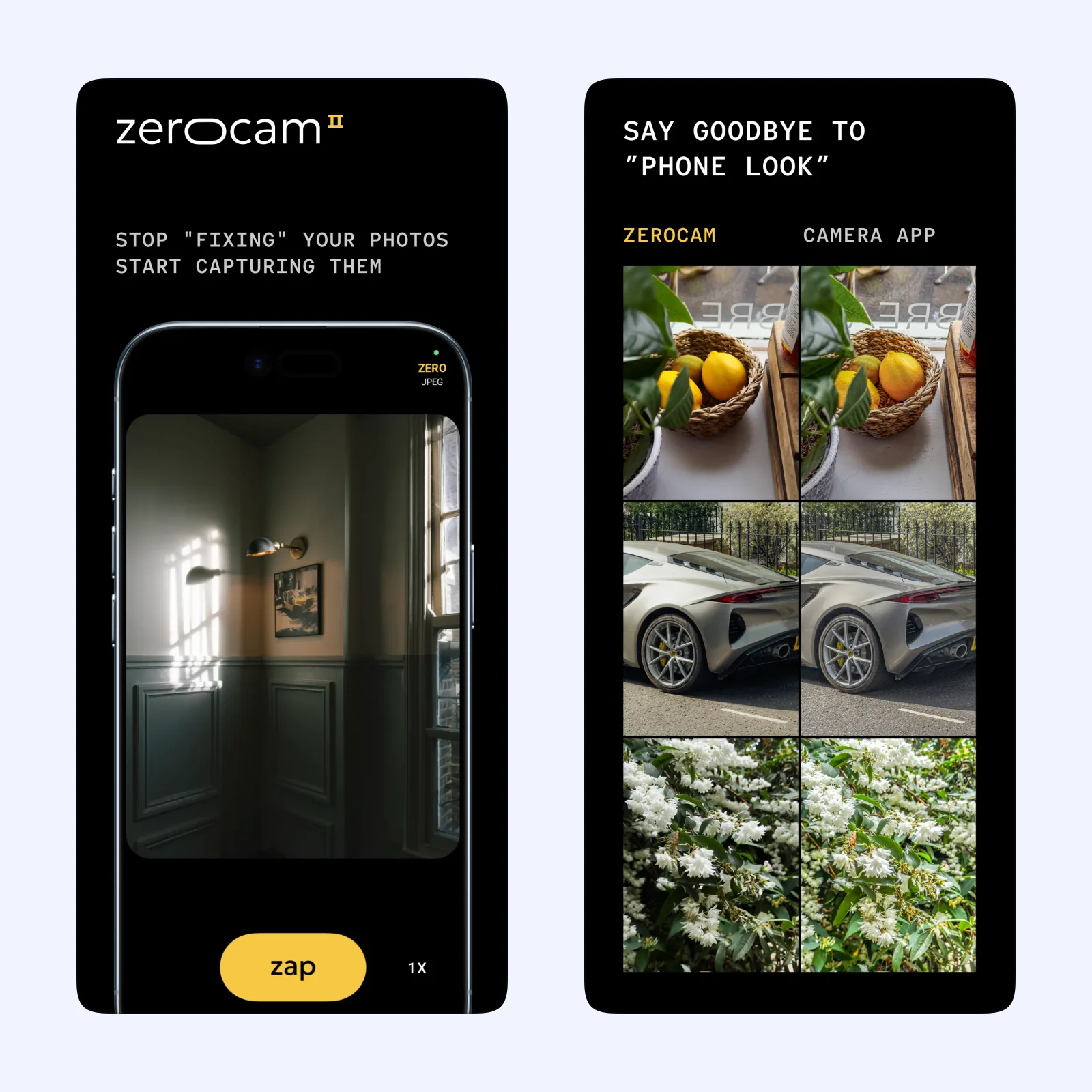 zerocam screenshots show a minimal viewfinder and natural-looking photographs.